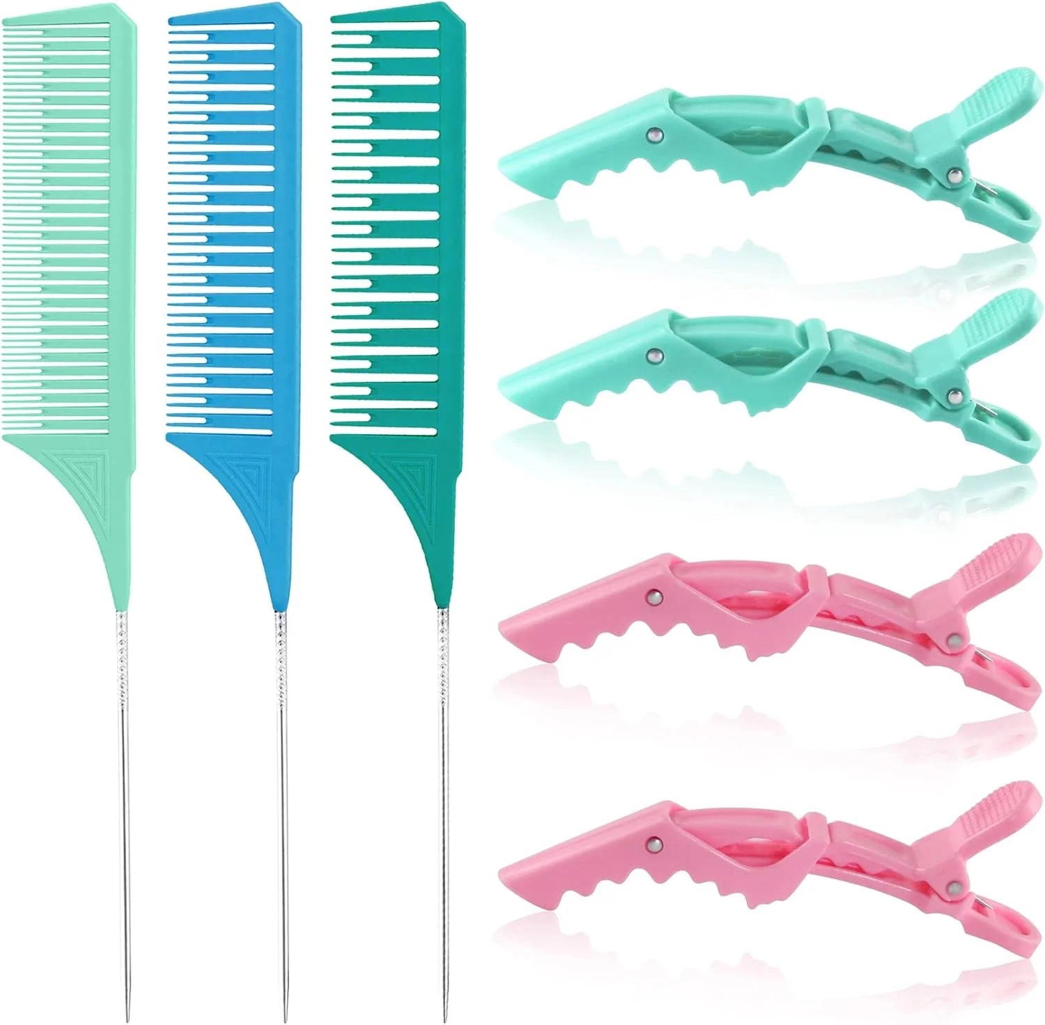 ست شانه هایلایت ایکونائر در 3 سایز با گیره های سوسماری پاستیلی، بافت مو، حالت دهی، شانه دم موشی، شانه رنگ مو، مقاوم در برابر حرارت برای آرایشگاه، پیرایشگاه، منزل (آبی پاستیلی)