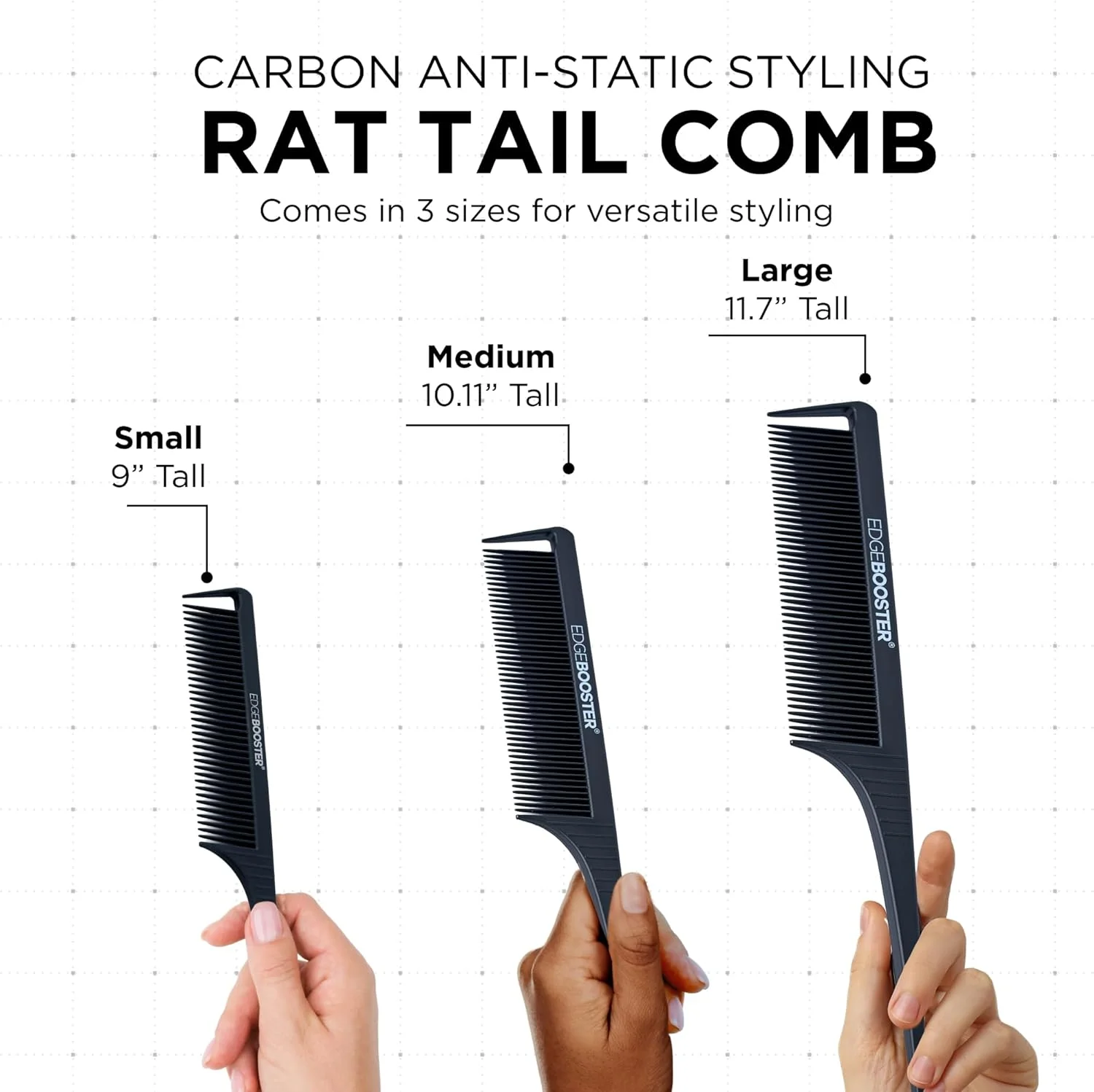 ست شانه دم موشی کربنی ضد الکتریسیته ساکن EDGE BOOSTER، 3 عددی (3 سایز) – مقاوم در برابر حرارت، شانه مو با دندانه های ظریف و نوک فلزی برای جدا کردن، پوش دادن، بافتن و حالت دادن دقیق برای زنان و مردان