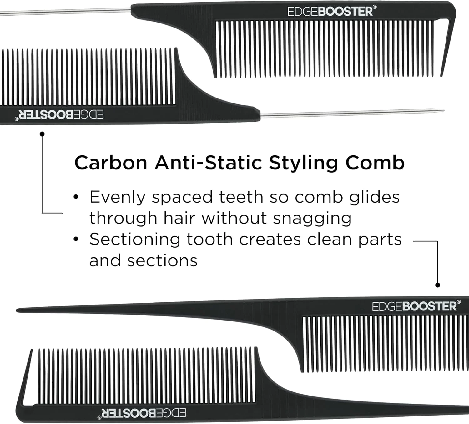ست شانه دم موشی کربنی ضد الکتریسیته ساکن EDGE BOOSTER، 3 عددی (3 سایز) – مقاوم در برابر حرارت، شانه مو با دندانه های ظریف و نوک فلزی برای جدا کردن، پوش دادن، بافتن و حالت دادن دقیق برای زنان و مردان