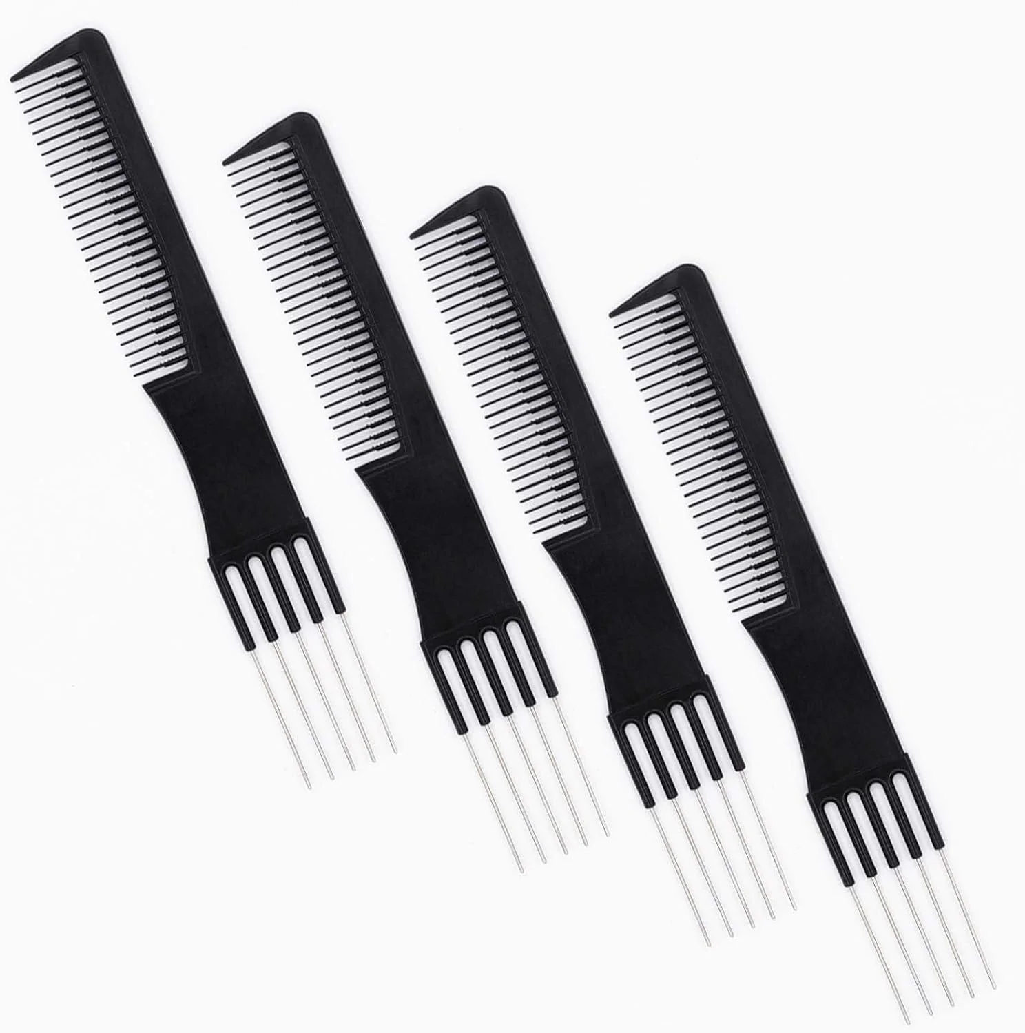 شانه مو برای زنان و مردان - بسته 4 عددی شانه پوش دهنده موی کربنی مشکی ShiningUU با دندانه فلزی | شانه حالت دهنده آنتی استاتیک | شانه پوش دهنده حرفه ای برای حجم دادن به مو (مشکی)