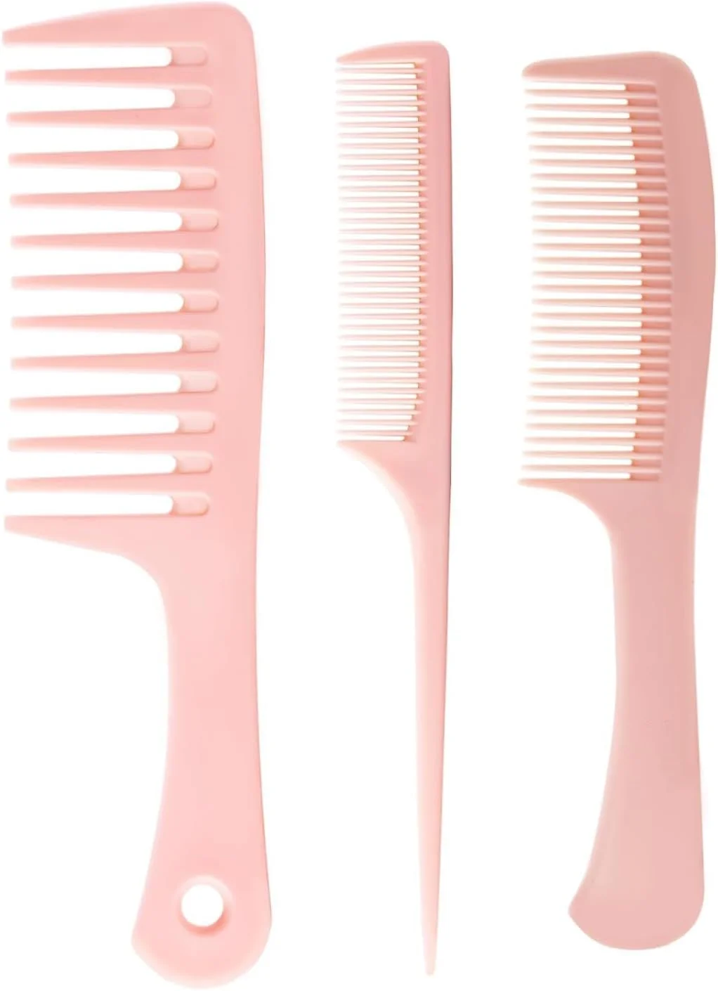 ست شانه مو برای زنان و مردان - 3 تکه شامل شانه دندانه پهن، شانه دم موشی ظریف، شانه دندانه متوسط برای باز کردن گره مو برای انواع مو - صورتی