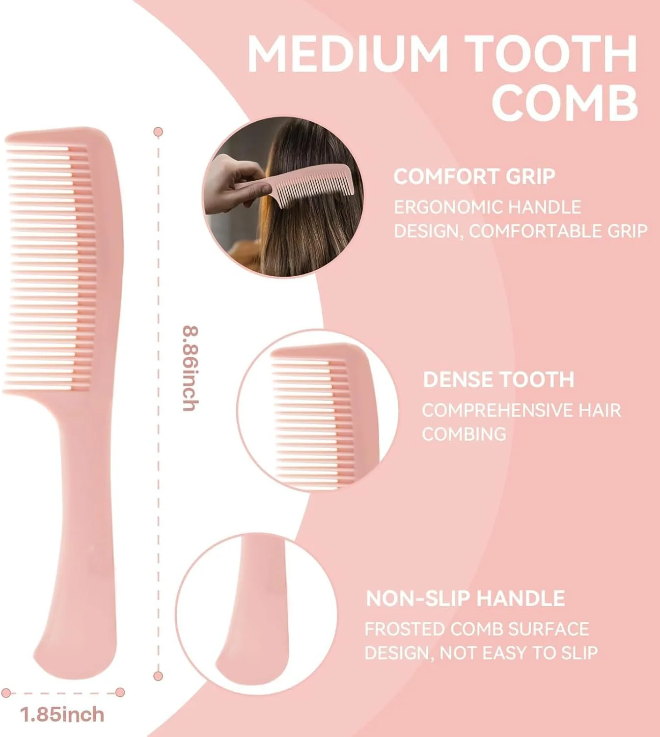 ست شانه مو برای زنان و مردان - 3 تکه شامل شانه دندانه پهن، شانه دم موشی ظریف، شانه دندانه متوسط برای باز کردن گره مو برای انواع مو - صورتی