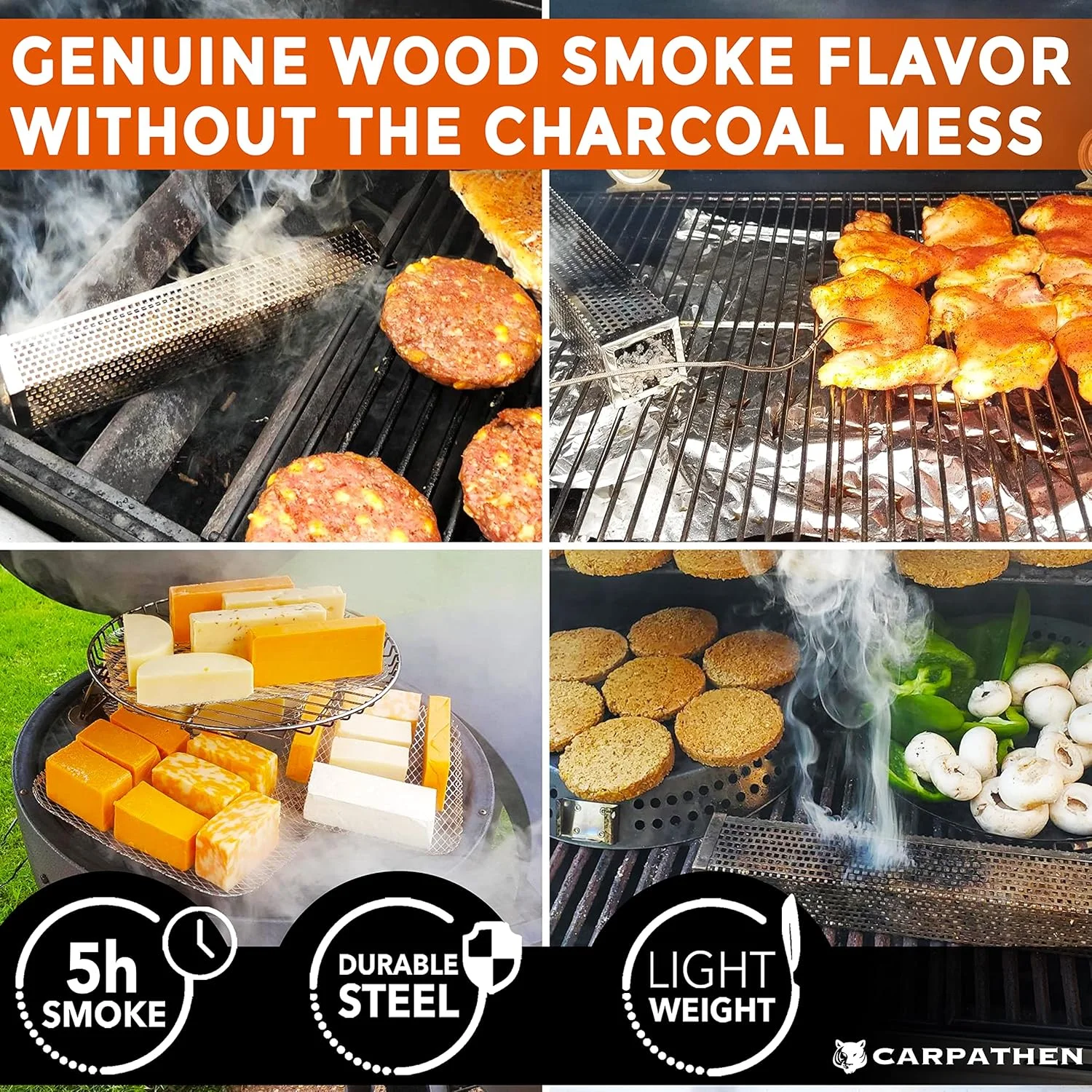 لوله دود Carpathen - دودساز پلت برای گریل گازی، برقی، ذغالی یا دستگاه‌های دودی - تا 5 ساعت دود سرد فوق‌العاده تولید می‌کند، ایده‌آل برای دودی کردن پنیر، ماهی، گوشت خوک، گوشت گاو، آجیل - فولاد ضد زنگ