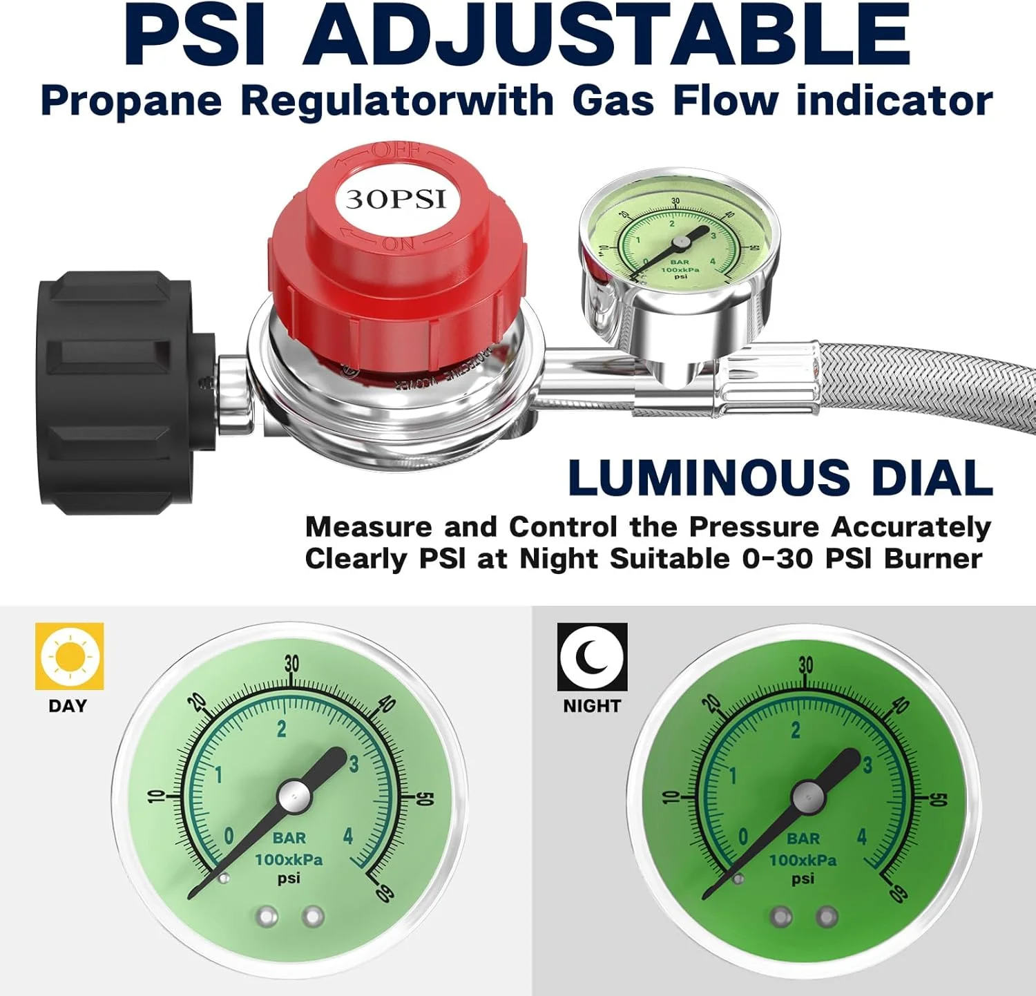 رگولاتور پروپان فشار قوی قابل تنظیم 5FT 0-30 PSI با گیج نشانگر جریان گاز 0~60PSI شیلنگ پروپان استیل QCC1 با اتصال 3/8 Flare x 1/8 MNPT مناسب برای اجاق گاز LP، مشعل، دودی، سرخ کن بوقلمون رگولاتور پروپان فشار قوی قابل تنظیم 5FT 0-30 PSI با گیج نشانگر جریان گاز 0~60PSI شیلنگ پروپان استیل QCC1 با اتصال 3/8 Flare x 1/8 MNPT مناسب برای اجاق گاز LP، مشعل، دودی، سرخ کن بوقلمون