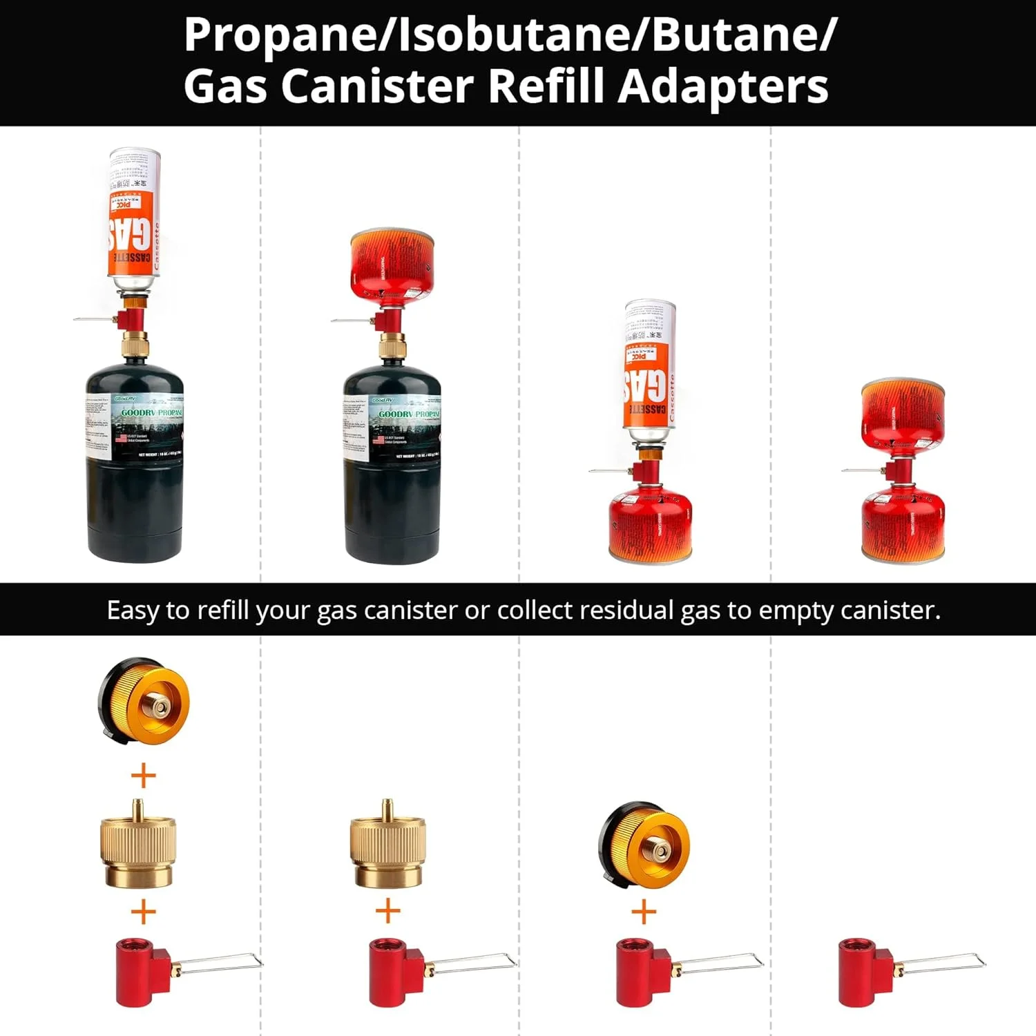 مبدل کوره کمپینگ 3 تکه، آداپتور تزریق پروپان، مبدل مخزن گاز، آکومولاتور گاز مایع، مخزن کوچک پروپان/بوتان 1 پوندی، ورودی نازل شیر EN417، ابزار فضای باز