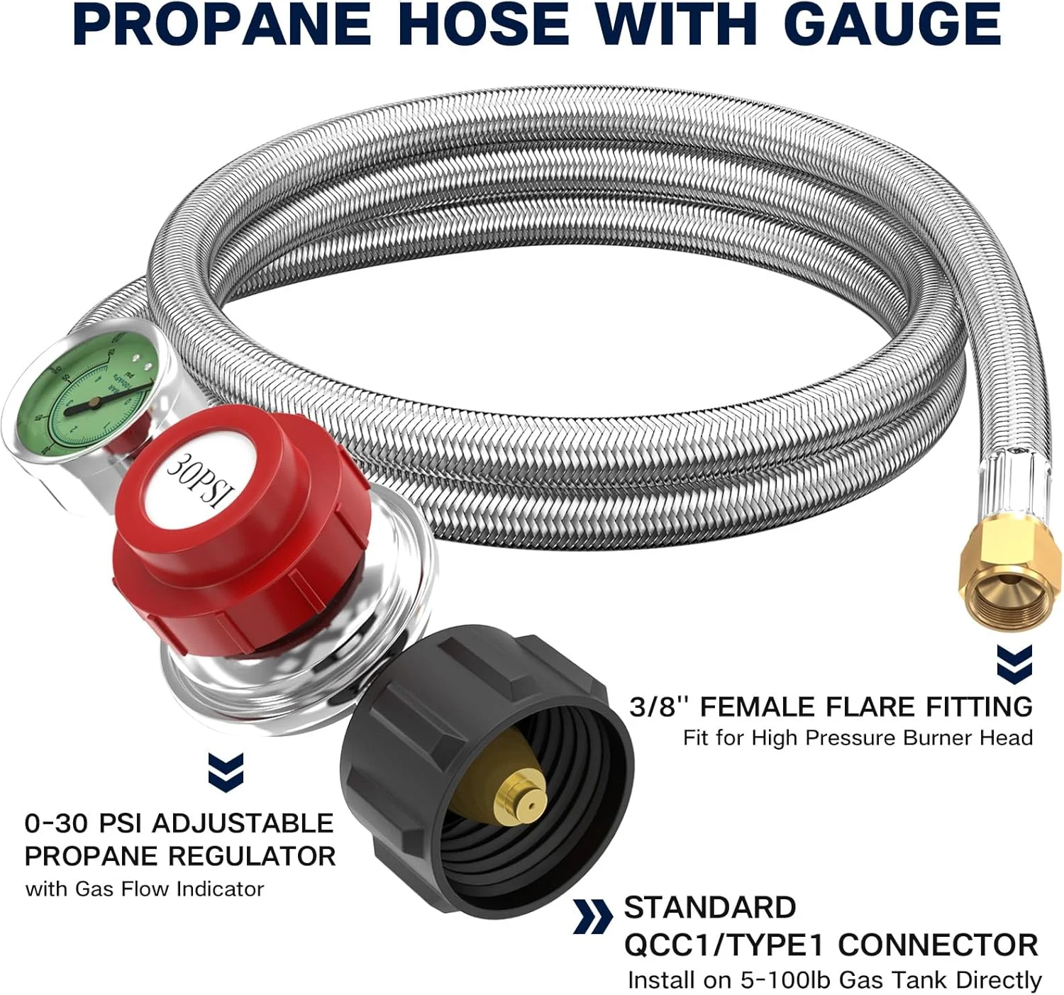 رگولاتور پروپان فشار قوی قابل تنظیم 5FT 0-30 PSI با گیج نشانگر جریان گاز 0~60PSI شیلنگ پروپان استیل QCC1 با اتصال 3/8 Flare x 1/8 MNPT مناسب برای اجاق گاز LP، مشعل، دودی، سرخ کن بوقلمون رگولاتور پروپان فشار قوی قابل تنظیم 5FT 0-30 PSI با گیج نشانگر جریان گاز 0~60PSI شیلنگ پروپان استیل QCC1 با اتصال 3/8 Flare x 1/8 MNPT مناسب برای اجاق گاز LP، مشعل، دودی، سرخ کن بوقلمون