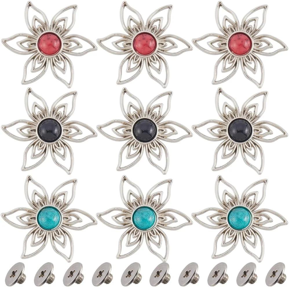 GORGECRAFT 1 جعبه 12 ست دکمه های پیچ دار فیروزه ای سگک تزئینی گل نقره ای فیروزه های مصنوعی جایگزین برای لوازم جانبی سخت افزاری کیف چرمی DIY 1.38x1.2 اینچ