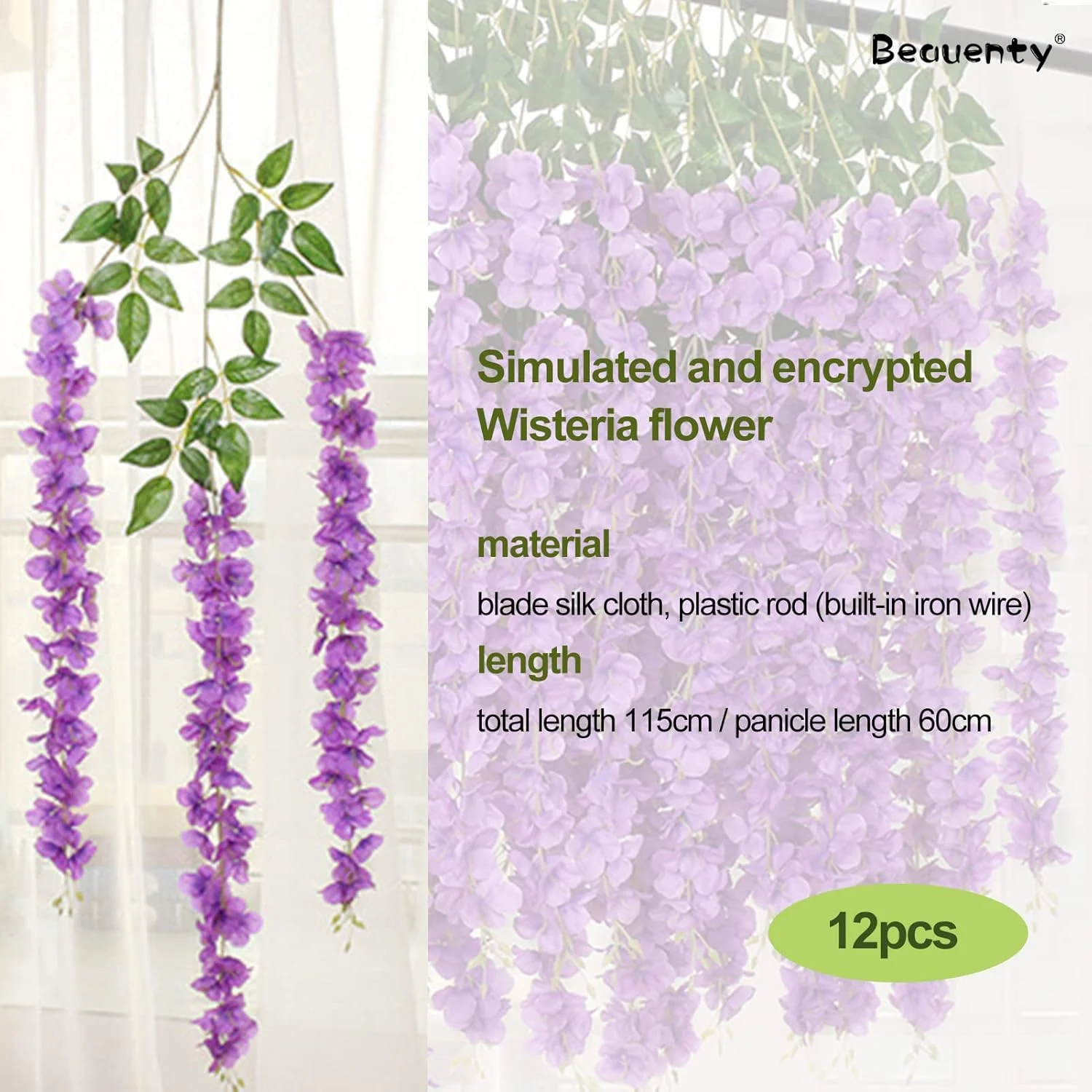 بوئنتی 12 شاخه گل ویستریا ابریشمی مصنوعی، گل آویز ابریشمی راتا، 1.12 متر طول، ریسه گل ویستریا مصنوعی برای پس زمینه، برای مهمانی خانگی، باغ، دکوراسیون عروسی (بنفش)