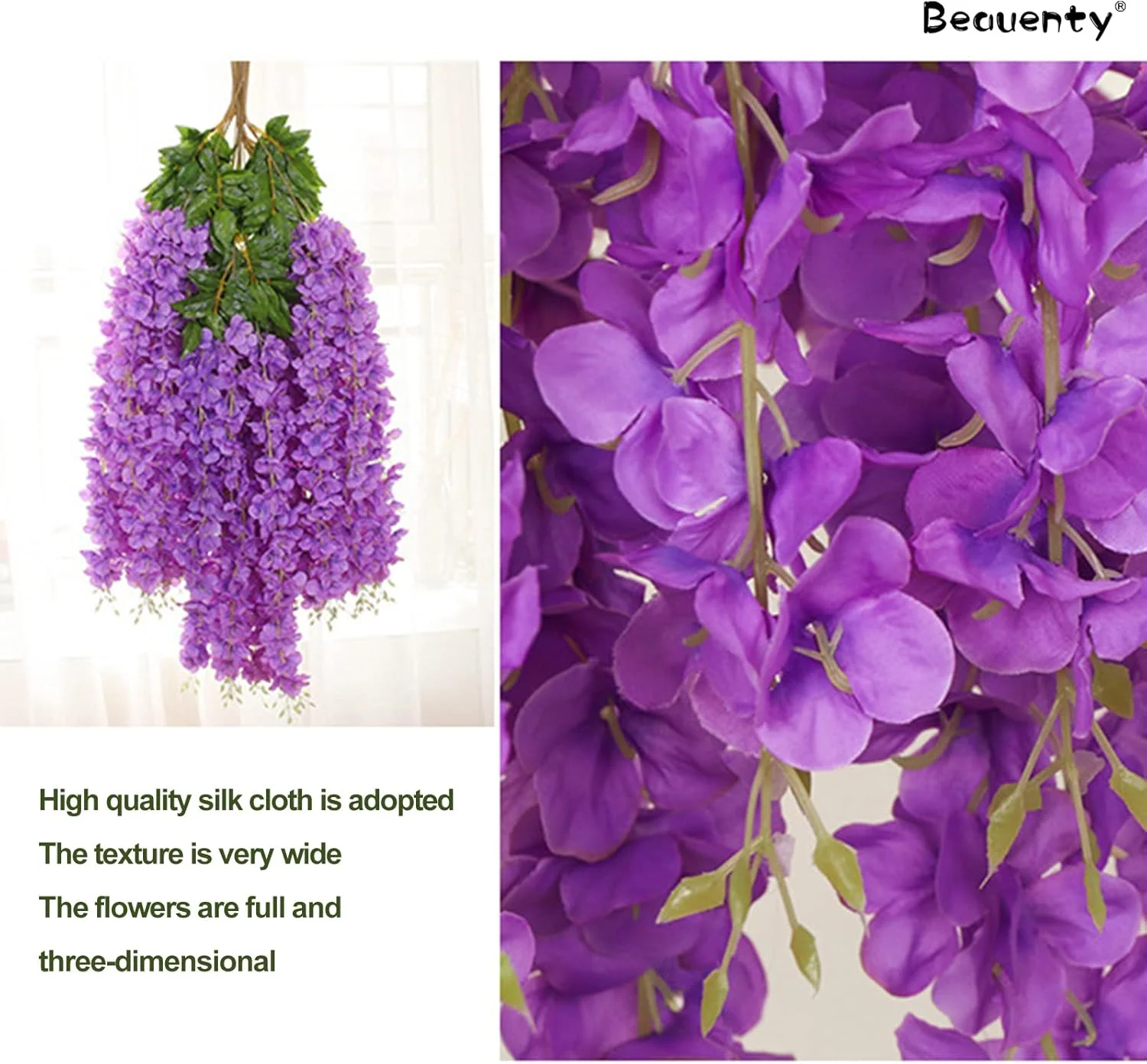بوئنتی 12 شاخه گل ویستریا ابریشمی مصنوعی، گل آویز ابریشمی راتا، 1.12 متر طول، ریسه گل ویستریا مصنوعی برای پس زمینه، برای مهمانی خانگی، باغ، دکوراسیون عروسی (بنفش)