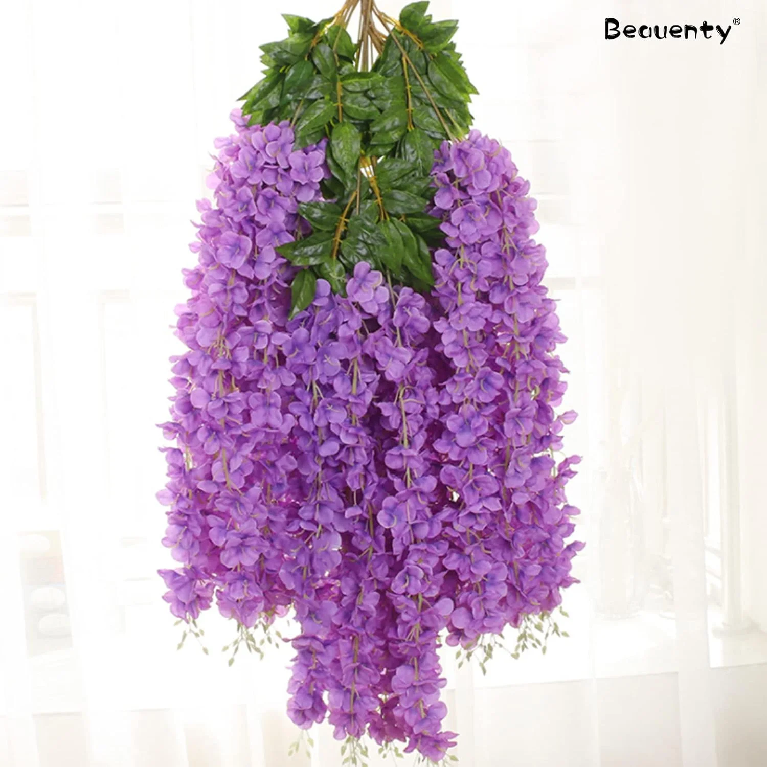 بوئنتی 12 شاخه گل ویستریا ابریشمی مصنوعی، گل آویز ابریشمی راتا، 1.12 متر طول، ریسه گل ویستریا مصنوعی برای پس زمینه، برای مهمانی خانگی، باغ، دکوراسیون عروسی (بنفش)