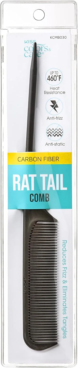 شانه دم باریک فیبر کربنی KISS Colors & Care برای تقسیم مو، پوش دادن، آماده سازی حالت، باز کردن گره، مرتب کردن - ضد الکتریسیته ساکن و مقاوم در برابر حرارت، کیفیت حرفه ای