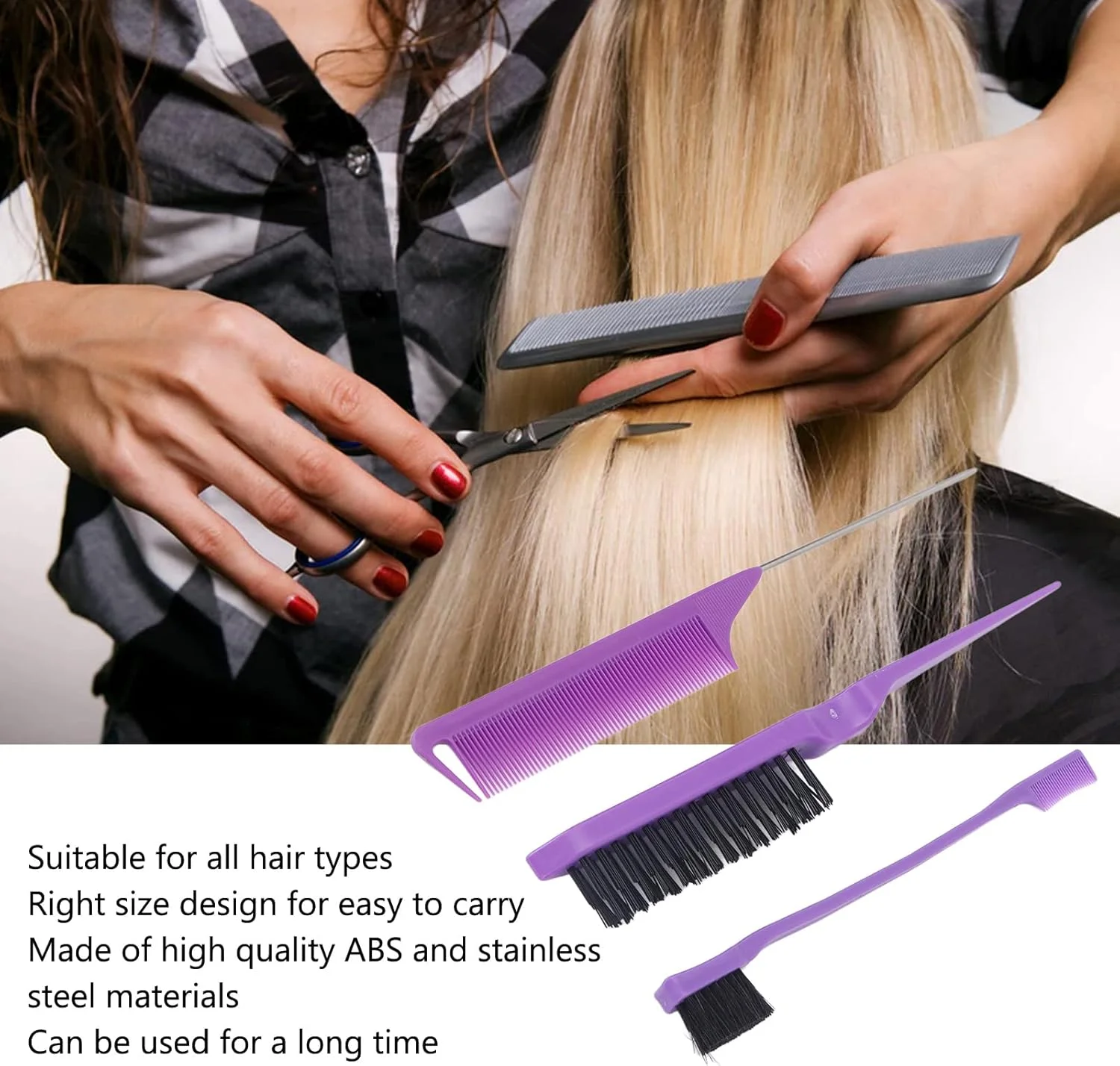 ست برس مو KOSDFOGE شامل 3 عدد، ست شانه آرایشگاهی، شانه دم موشی، برس رنگ مو، ست شانه حالت دهنده مو، لوازم جانبی زیبایی برای آرایشگران زنانه و دخترانه، بنفش