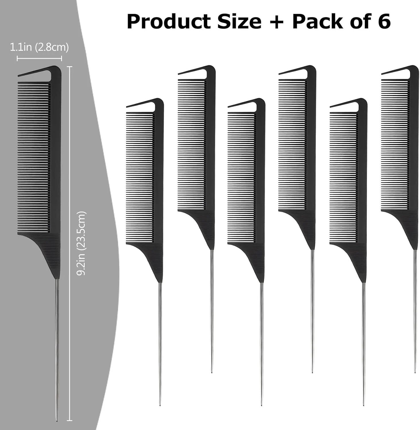 شانه مو دم موشی کوتین، 6 عددی، شانه دم موشی جداکننده، شانه دندانه ریز پوش دهنده، شانه فلزی مو، ست شانه های باز کننده گره مو برای زنان و دختران (مشکی)
