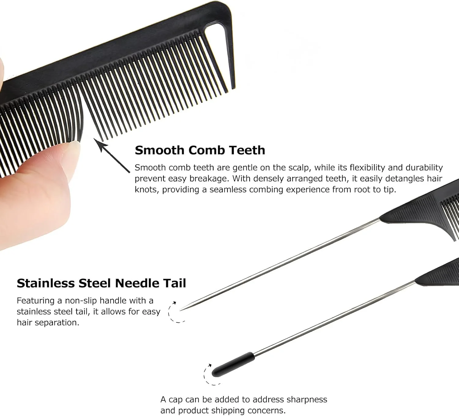 شانه مو دم موشی کوتین، 6 عددی، شانه دم موشی جداکننده، شانه دندانه ریز پوش دهنده، شانه فلزی مو، ست شانه های باز کننده گره مو برای زنان و دختران (مشکی)