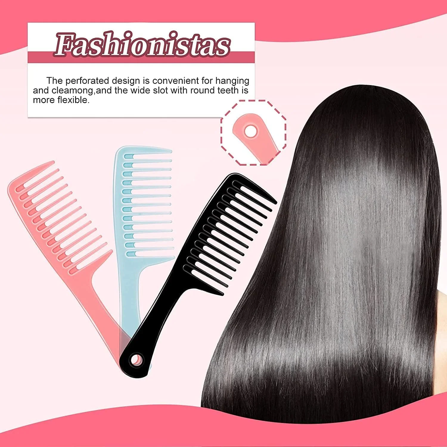 شانه دندانه پهن خزنه و شانه باز کننده گره مو بزرگ، برس مو بادوام برای بهترین حالت دهی و مراقبت حرفه ای از مو، مناسب برای موهای فر، موهای بلند، موهای خیس در همه انواع (مشکی+صورتی+آبی)