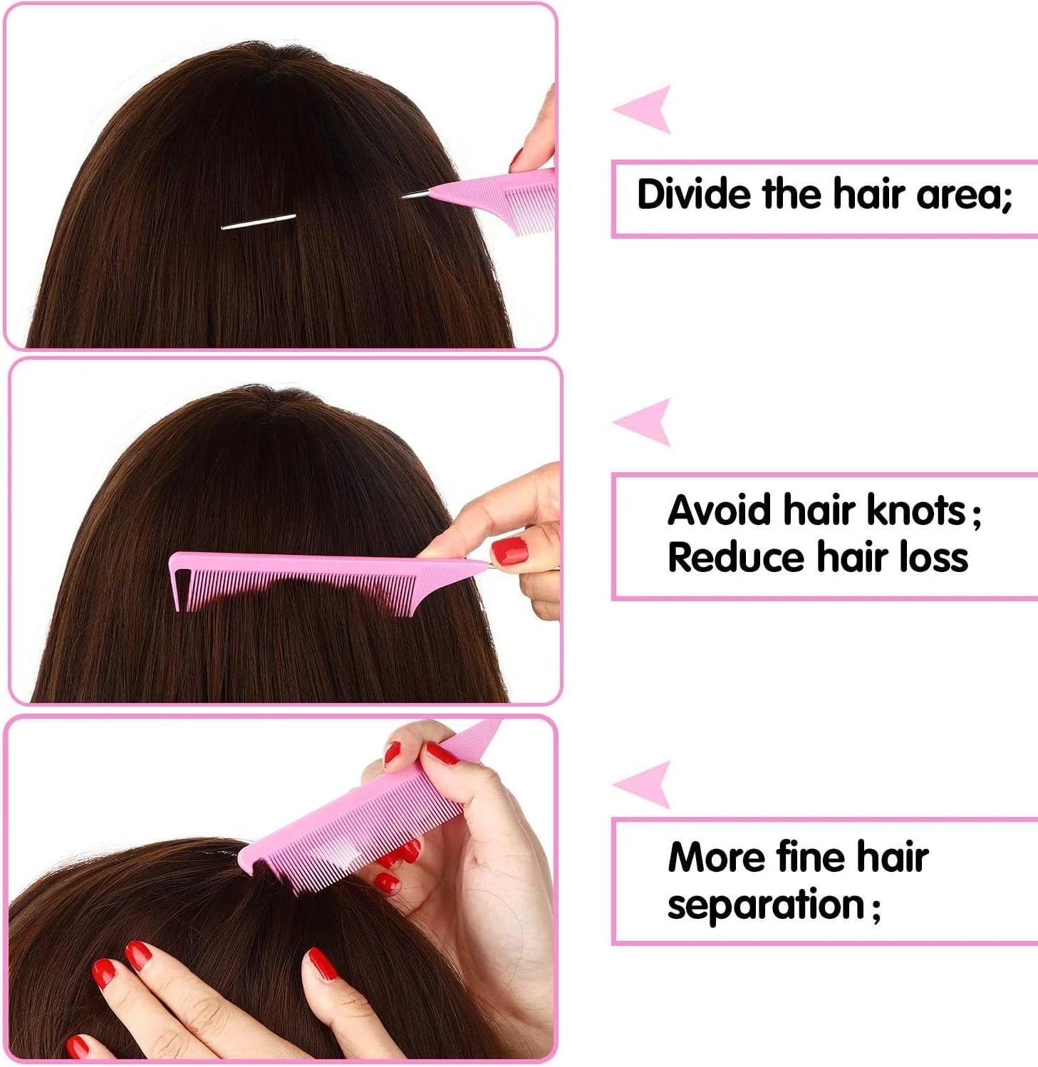 شانه فرق بازکن خزنه، 6 عدد شانه دم باریک استیل ضد زنگ، شانه موش دم، شانه پوش دهنده، برای اصلاح مو، حالت دهی آرایشگری، شانه های فرق بازکن پوش دهنده آرایشگاهی - مشکی، صورتی