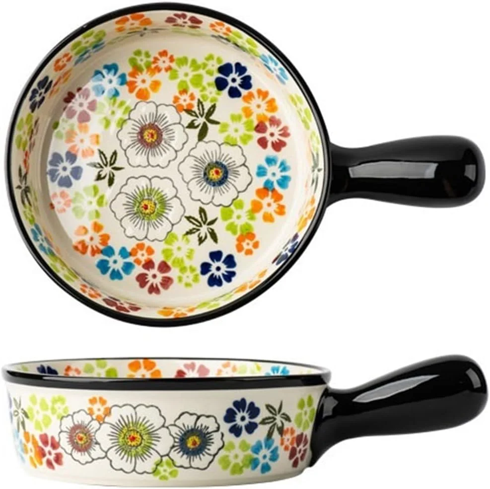 ظرف پخت JUNCHENG1008 با ظرفیت بالا، مقاوم در برابر حرارت بالا، طرح قدیمی زیر لعابی، بشقاب گود با دسته، ظرف فر سرامیکی (16 سانتی متر)