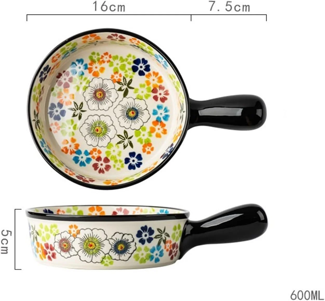 ظرف پخت JUNCHENG1008 با ظرفیت بالا، مقاوم در برابر حرارت بالا، طرح قدیمی زیر لعابی، بشقاب گود با دسته، ظرف فر سرامیکی (16 سانتی متر)