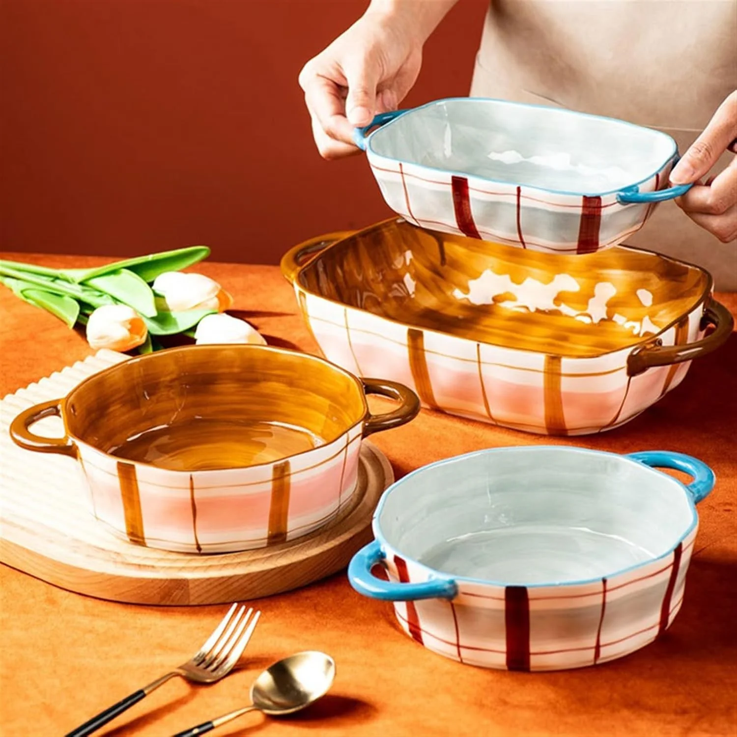 ظرف پخت سرامیکی با ظرفیت بزرگ 560 میلی لیتر JUNCHENG1008، مناسب برای پخت خانگی، کاسه برنج، کاسه سالاد، بشقاب سوپ، قابل استفاده در فر (صورتی، 970 میلی لیتر)