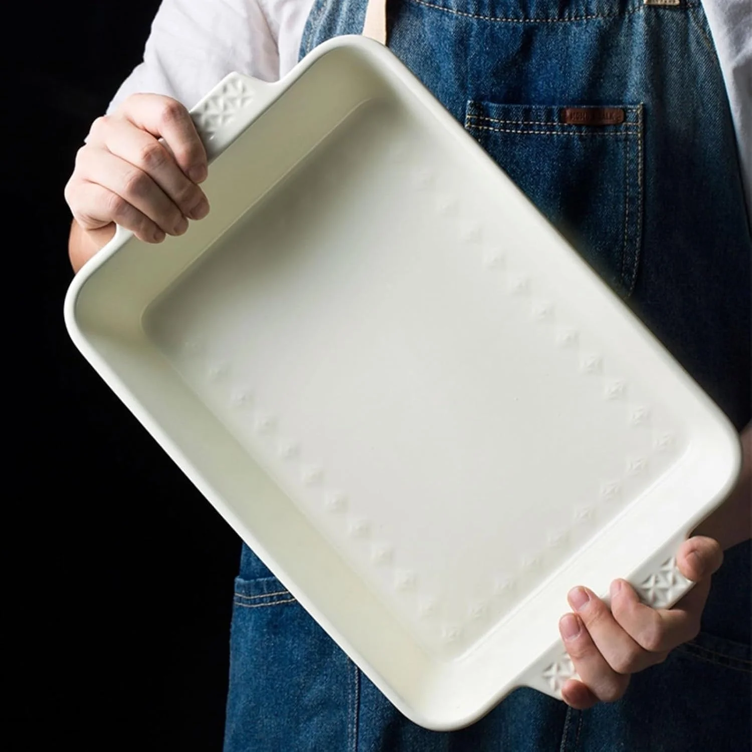 Baking Tray Baking Bowl Cheese Baked Rice Pan Household Ceramic Large Baking Double Ear Rectangular Microwave Roasting Pan Ceramic Baking Sheet(White)