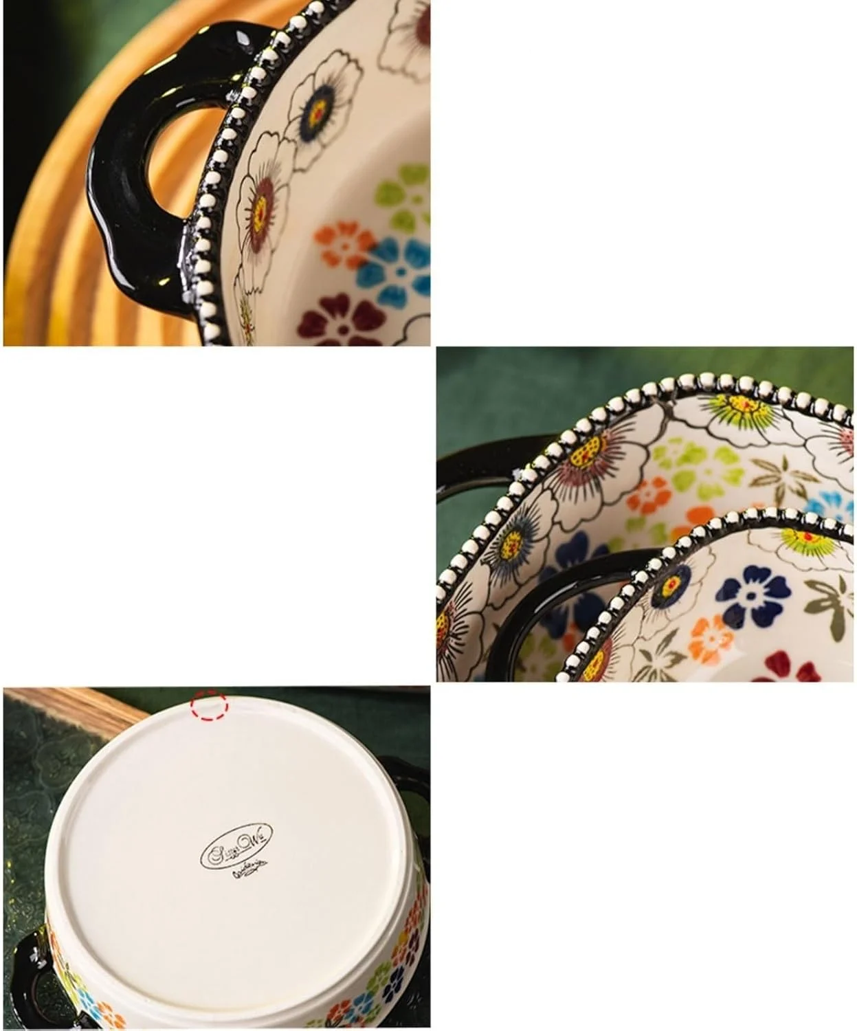 ظرف پخت JUNCHENG1008 با ظرفیت بالا، مقاوم در برابر حرارت بالا، طرح قدیمی زیر لعابی، بشقاب گود با دسته، ظرف فر سرامیکی (16 سانتی متر)