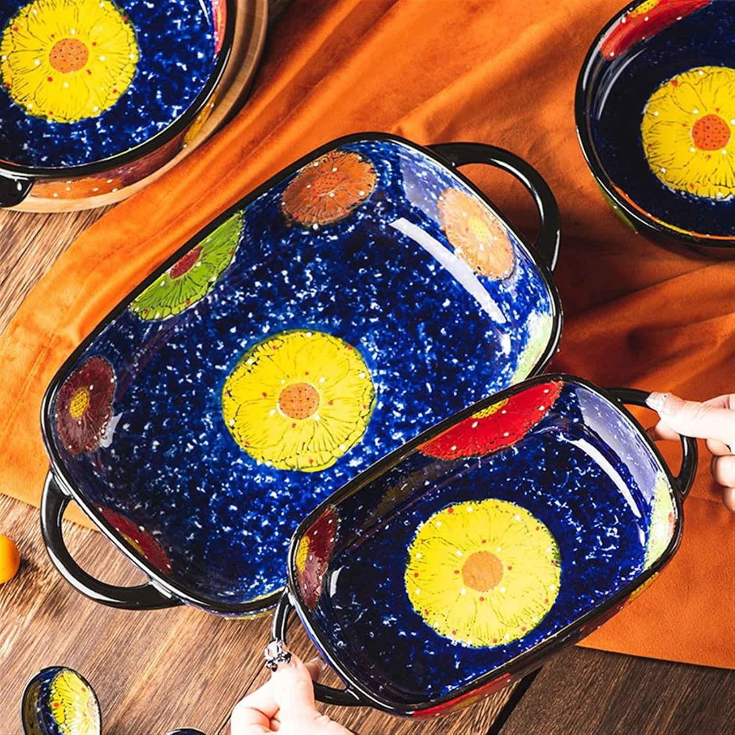 سینی فر JUNCHENG1008، ظرف پخت سرامیکی، ظروف غذاخوری، ظرف پخت اسپاگتی، مقاوم در برابر حرارت بالا با دسته، مناسب برای فر و مایکروویو (27.6 سانتی متر)