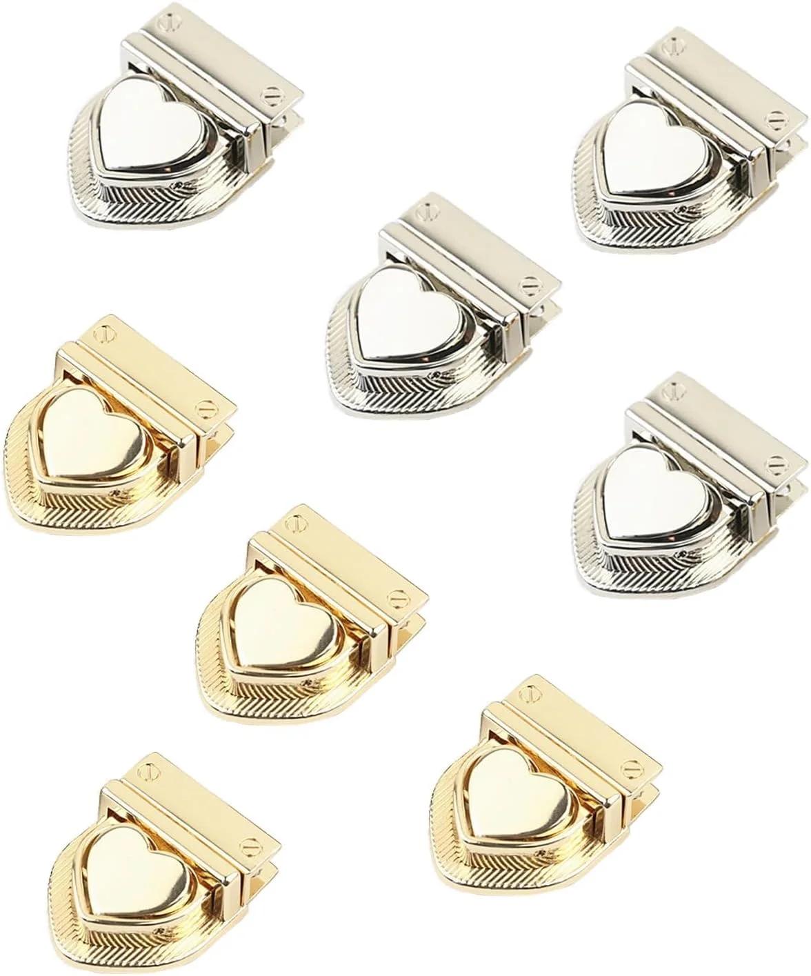 8 Pcs Heart Tuck Lock Clasp Catch for DIY Handbags - 8 قطع قفل بمشبك قلبي للحقائب | Gold & Silver Alloy Purse Thumb Buckle for Craft Bag, Wallet, Box Case Making & Repair