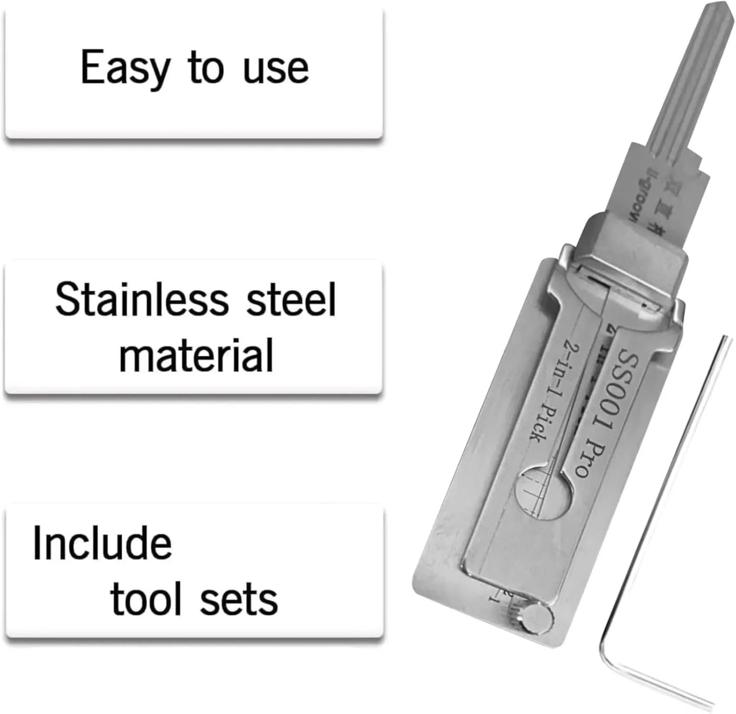 SS001 رمزگشای کلید استیل ضد زنگ حرفه ای، ابزار 2 در 1 برای باز کردن قفل در، مجموعه ابزار باز کردن قفل برای مبتدیان، کیت ابزار باز کردن قفل استیل ضد زنگ، رمزگشای قفل برای خودرو، رمزگشای کلید اصلی