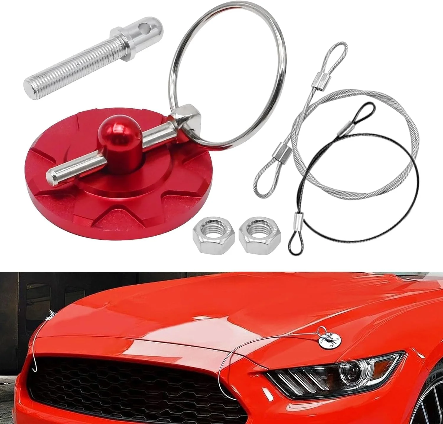 THE WHITE SHOP Aluminum Alloy Universal Hood Pin Kit With Accessories - Car Racing Lock Latch Catch Set for Hood Pin Plate (RED)