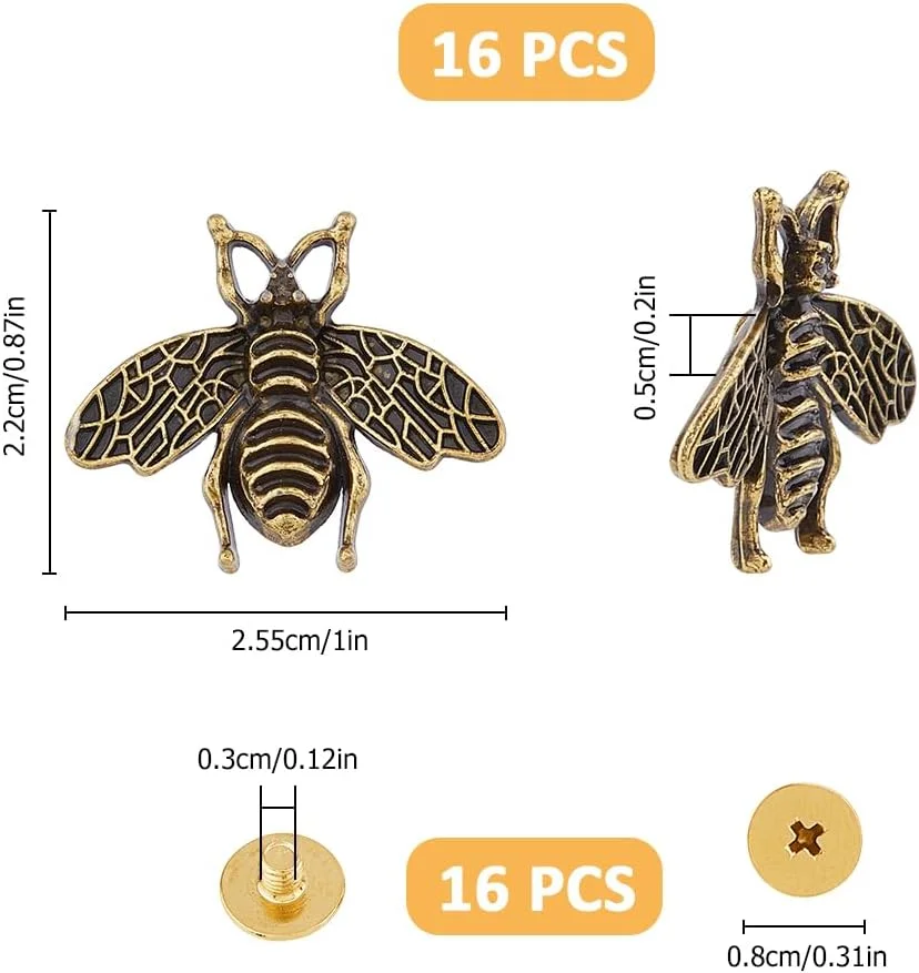 بسته 16 عددی سگک تزئینی Hobbspring، سگک پرچ دکمه ای زنبوری آلیاژی در 4 رنگ، دکمه های رترو کانچو، سگک های فلزی زنبوری، گیره های تزئینی کیف، سگک حکاکی حیوانات با پیچ