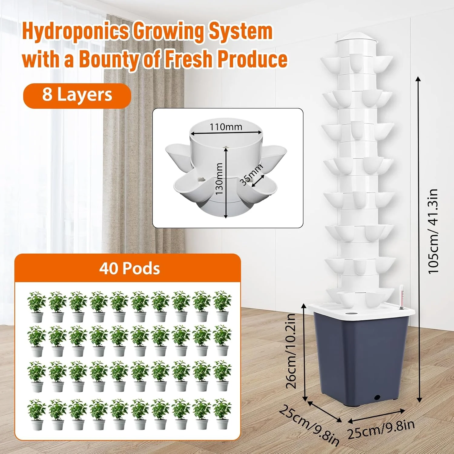 سیستم کشت هیدروپونیک برجی LIROPAU، ۴۰ محفظه، ۸ لایه، برج هیدروپونیک عمودی با مخزن آب ۱۰ لیتری، سیستم کشت بدون خاک باغ، کیت کشت هواکشت برای گیاهان دارویی، میوه ها و
