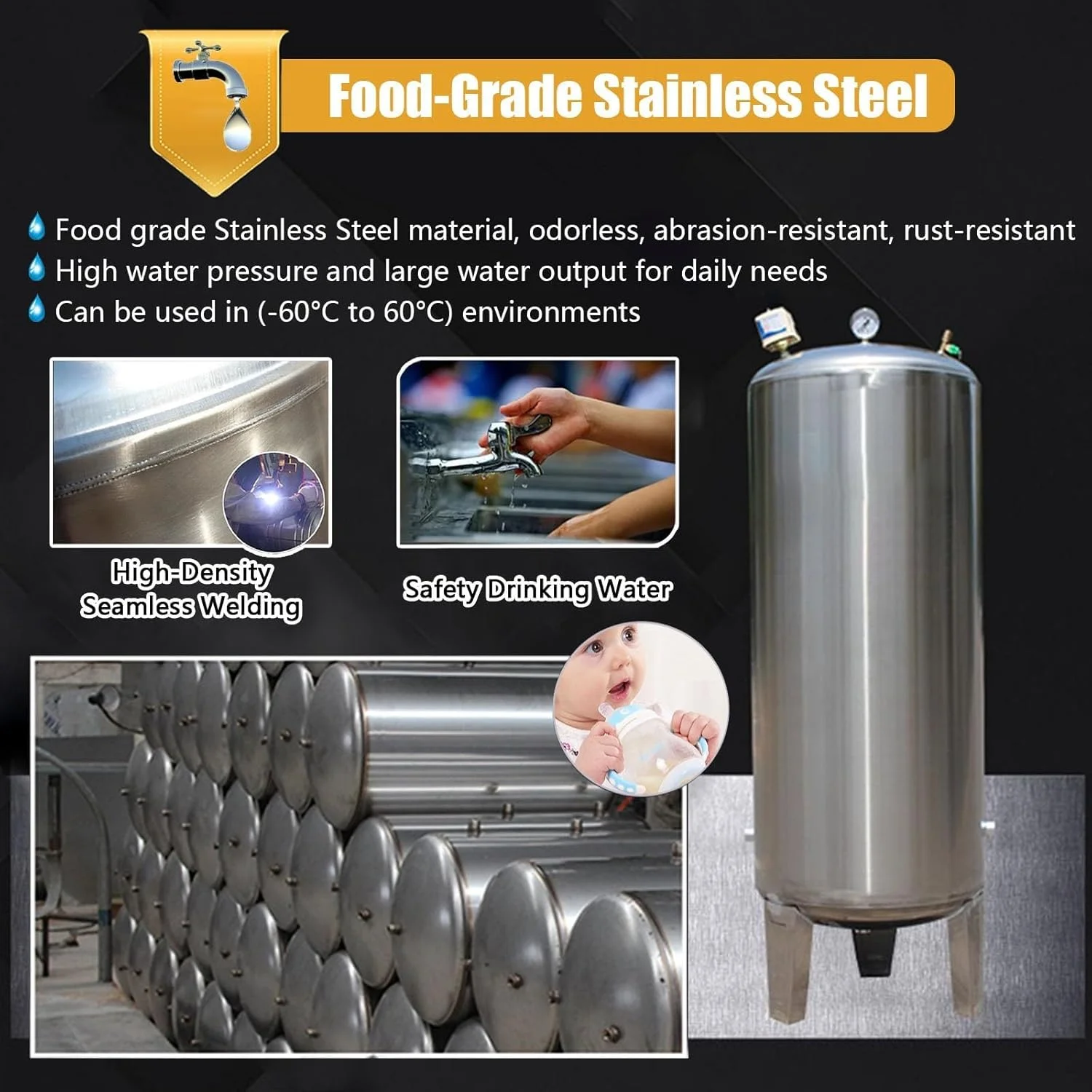 مخزن تحت فشار آب 50 گالن، مخازن ذخیره آب تحت فشار پمپ چاه عمودی از جنس استنلس استیل، مخازن آب با ورودی/خروجی 1 اینچی، مخازن عمودی با مثانه