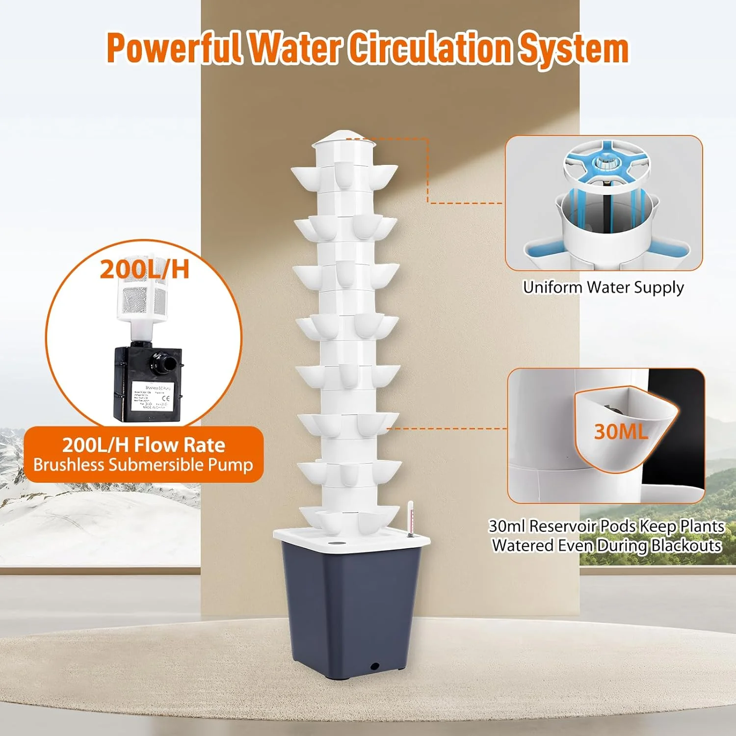 سیستم کشت هیدروپونیک برجی LIROPAU، ۴۰ محفظه، ۸ لایه، برج هیدروپونیک عمودی با مخزن آب ۱۰ لیتری، سیستم کشت بدون خاک باغ، کیت کشت هواکشت برای گیاهان دارویی، میوه ها و
