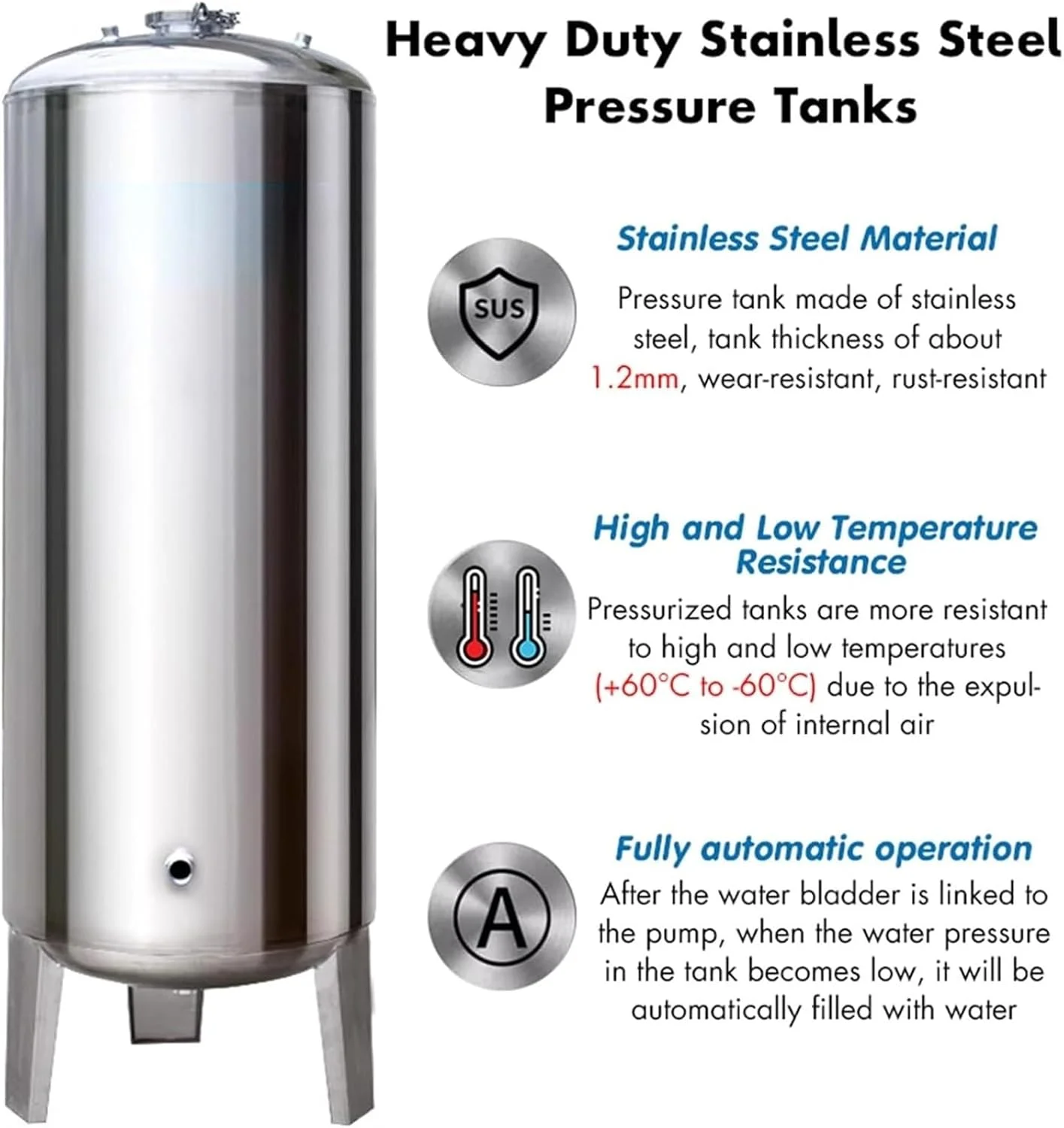 مخزن آب تحت فشار 60 100 160 200 لیتری برای مصارف خانگی، کاروان، آبگرمکن، مخزن فشار آب استیل ضد زنگ، بشکه های تحت فشار عمودی (200 لیتر/53 گالن - 50x115 سانتی متر/20x45 اینچ)