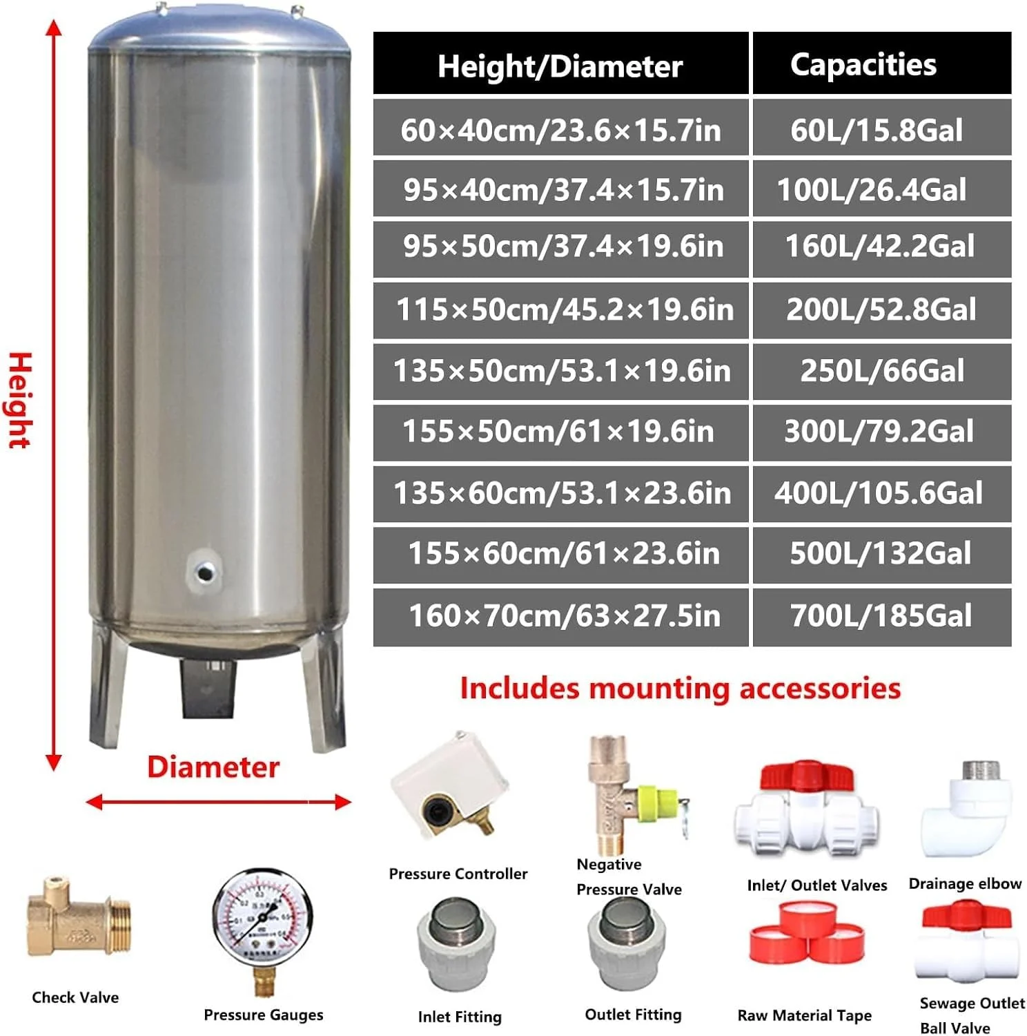 مخازن تحت فشار بزرگ چاه آب، مخزن تحت فشار 16، 26، 42، 53، 66، 79، 132، 185 گالن، مخزن تحت فشار عمودی استیل ضد زنگ برای سیستم های چاه، مخازن چاه، برای آشپزخانه/حمام/توالت (160 لیتر/42.2 گالن)
