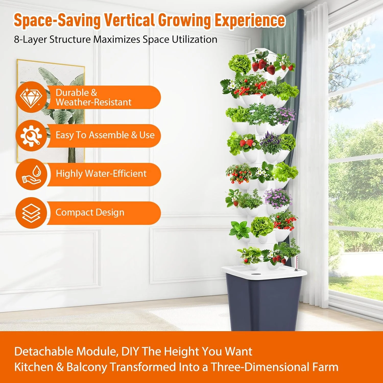 سیستم کشت هیدروپونیک برجی LIROPAU، ۴۰ محفظه، ۸ لایه، برج هیدروپونیک عمودی با مخزن آب ۱۰ لیتری، سیستم کشت بدون خاک باغ، کیت کشت هواکشت برای گیاهان دارویی، میوه ها و