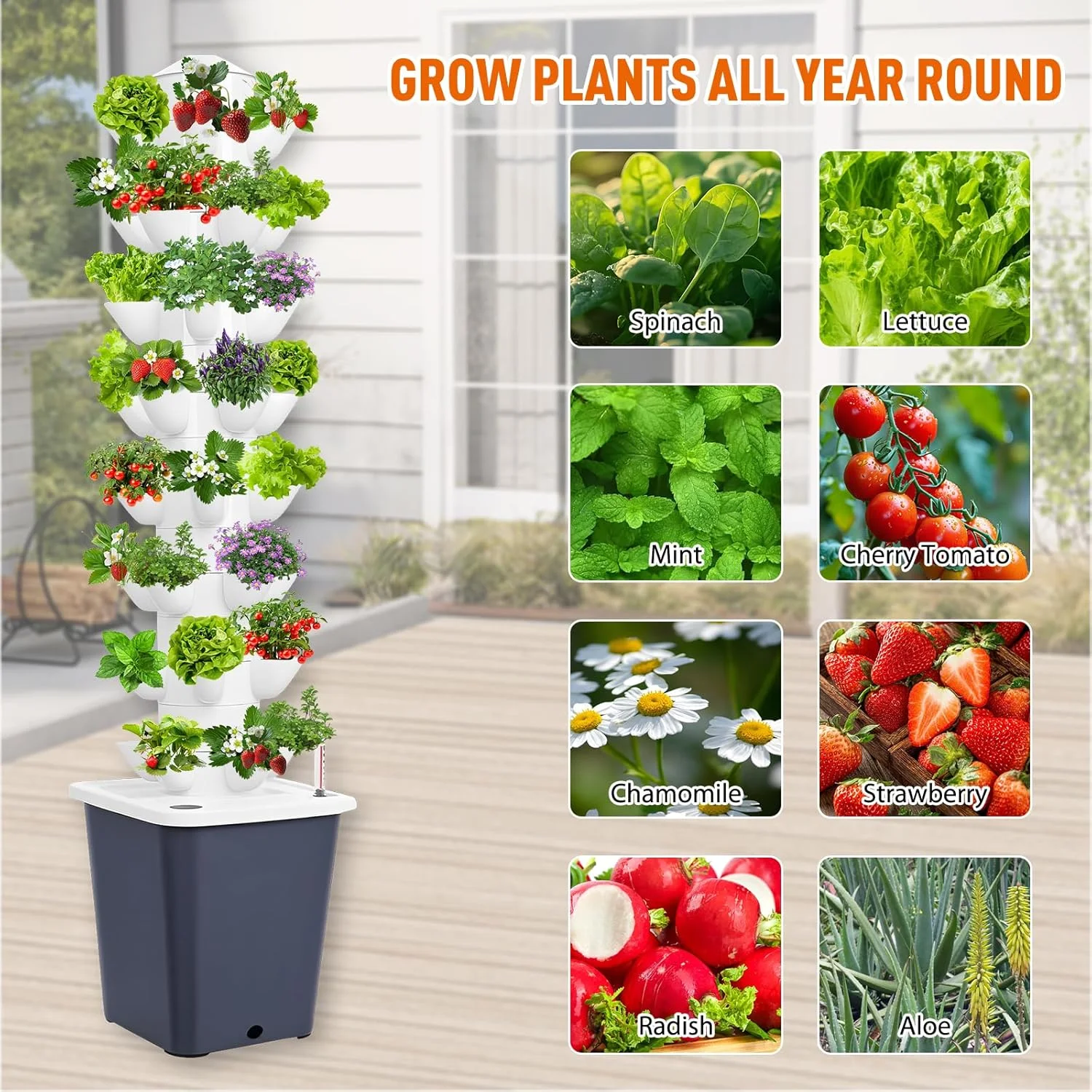 سیستم کشت هیدروپونیک برجی LIROPAU، ۴۰ محفظه، ۸ لایه، برج هیدروپونیک عمودی با مخزن آب ۱۰ لیتری، سیستم کشت بدون خاک باغ، کیت کشت هواکشت برای گیاهان دارویی، میوه ها و