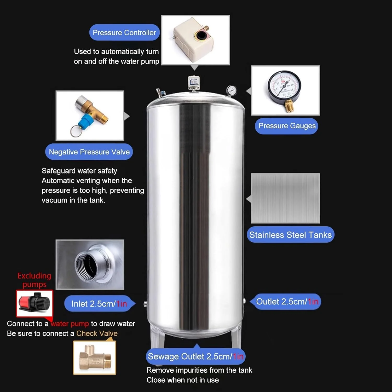 مخزن تحت فشار آب 50 گالن، مخازن ذخیره آب تحت فشار پمپ چاه عمودی استیل ضد زنگ، مخازن آب با ورودی/خروجی 1 اینچ، مخازن مثانه ذخیره آب عمودی
