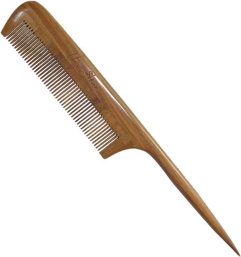 شانه دندانه ریز طرح ستاره جدید، شانه چوب صندل سبز ضد الکتریسیته ساکن، شانه دم موشی با دسته نازک و بلند