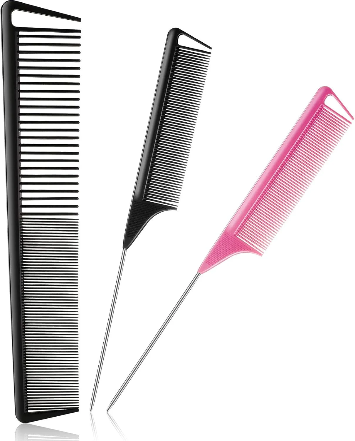 پاتلای، ست شانه دم موشی فیبر کربنی 3 عددی، شانه برش، شانه دم باریک استیل، شانه پوش دهنده، شانه جدا کننده، شانه دندانه پهن و ظریف برای بافت مو، لوازم خانگی و سالن آرایش، مشکی