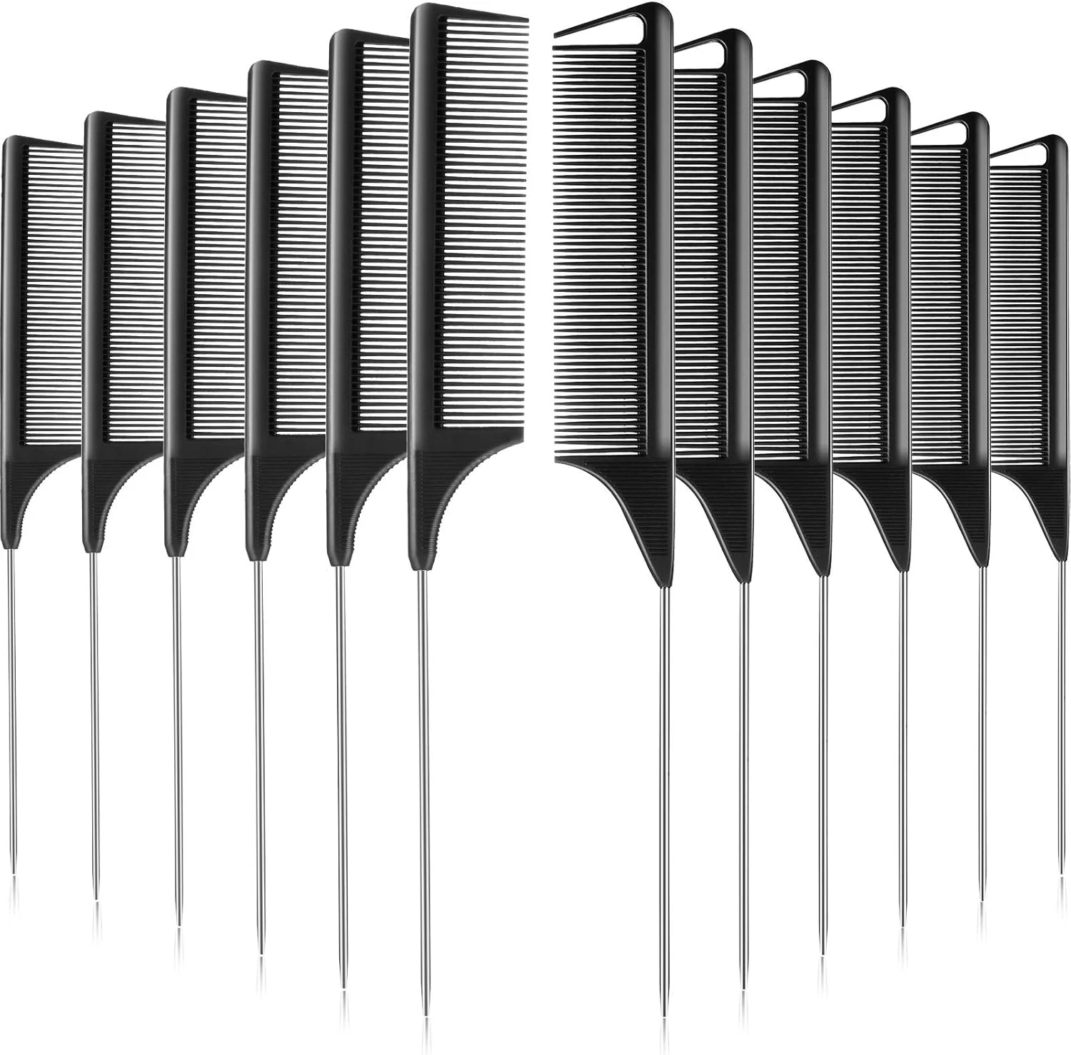 پاتلای، ست شانه دم موشی فیبر کربنی 12 عددی، شانه تقسیم مو با دم استیل ضد زنگ، شانه پوش دهنده مقاوم در برابر حرارت برای بافت مو، مناسب سالن آرایش و استفاده خانگی