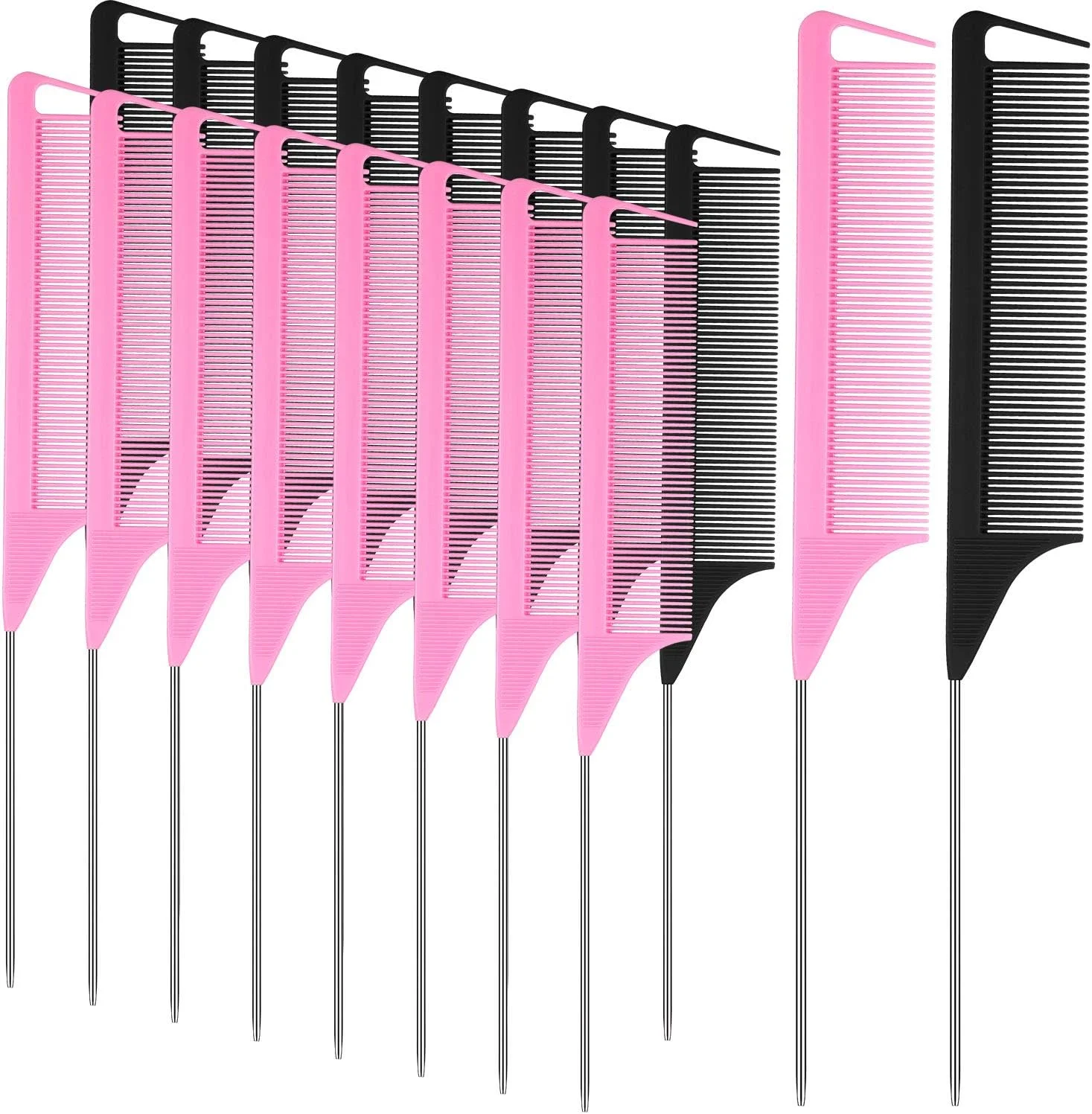 پاتلای 18 عدد شانه فرق باز کن برای بافت مو، شانه دم موشی، شانه دم فلزی استیل، شانه پوش دهنده برای آرایشگری و حالت دادن و برش مو (مشکی، صورتی)