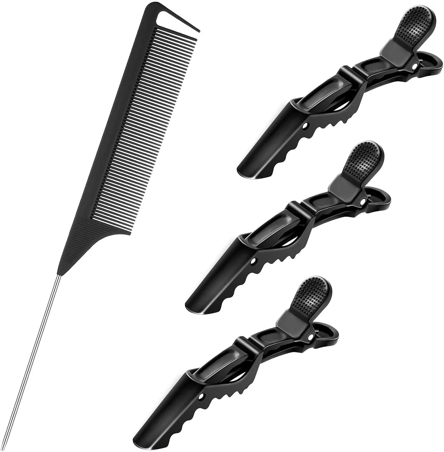 شانه دم موشی برای بافت مو، شانه حالت دهنده کربنی، شانه فلزی با پین استیل، مقاوم در برابر حرارت، شانه پوش دهنده، شانه آرایشگری به همراه 3 عدد گیره مو پلاستیکی برای حالت دادن مو (مشکی)