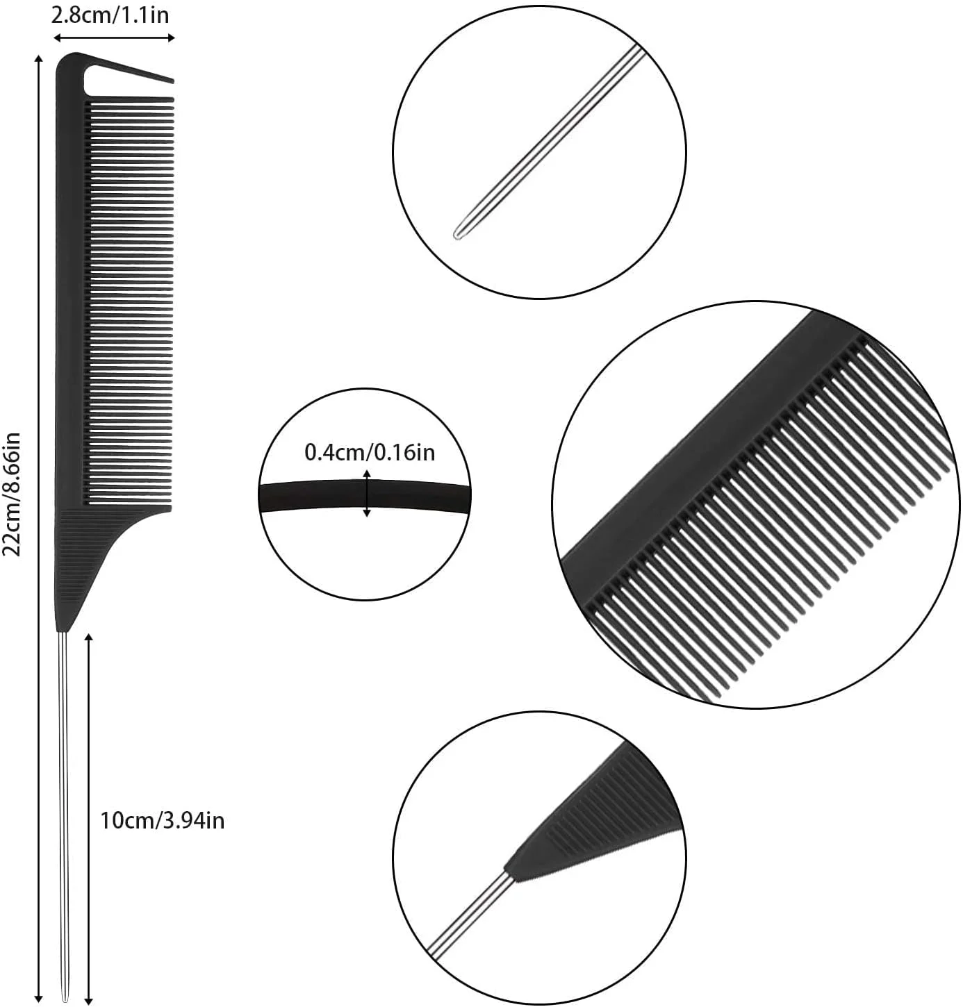 شانه دم موشی برای بافت مو، شانه حالت دهنده کربنی، شانه فلزی با پین استیل، مقاوم در برابر حرارت، شانه پوش دهنده، شانه آرایشگری به همراه 3 عدد گیره مو پلاستیکی برای حالت دادن مو (مشکی)