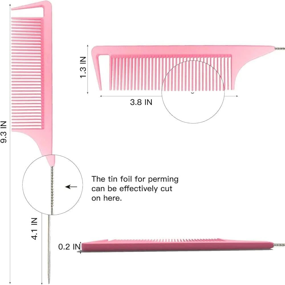 شانه دم موشی برای آرایشگر مو، شانه فرق باز کن برای بافت مو، شانه دم باریک با پین فلزی استیل ضد زنگ برای جدا کردن، پوش دادن و حالت دادن مو (صورتی)