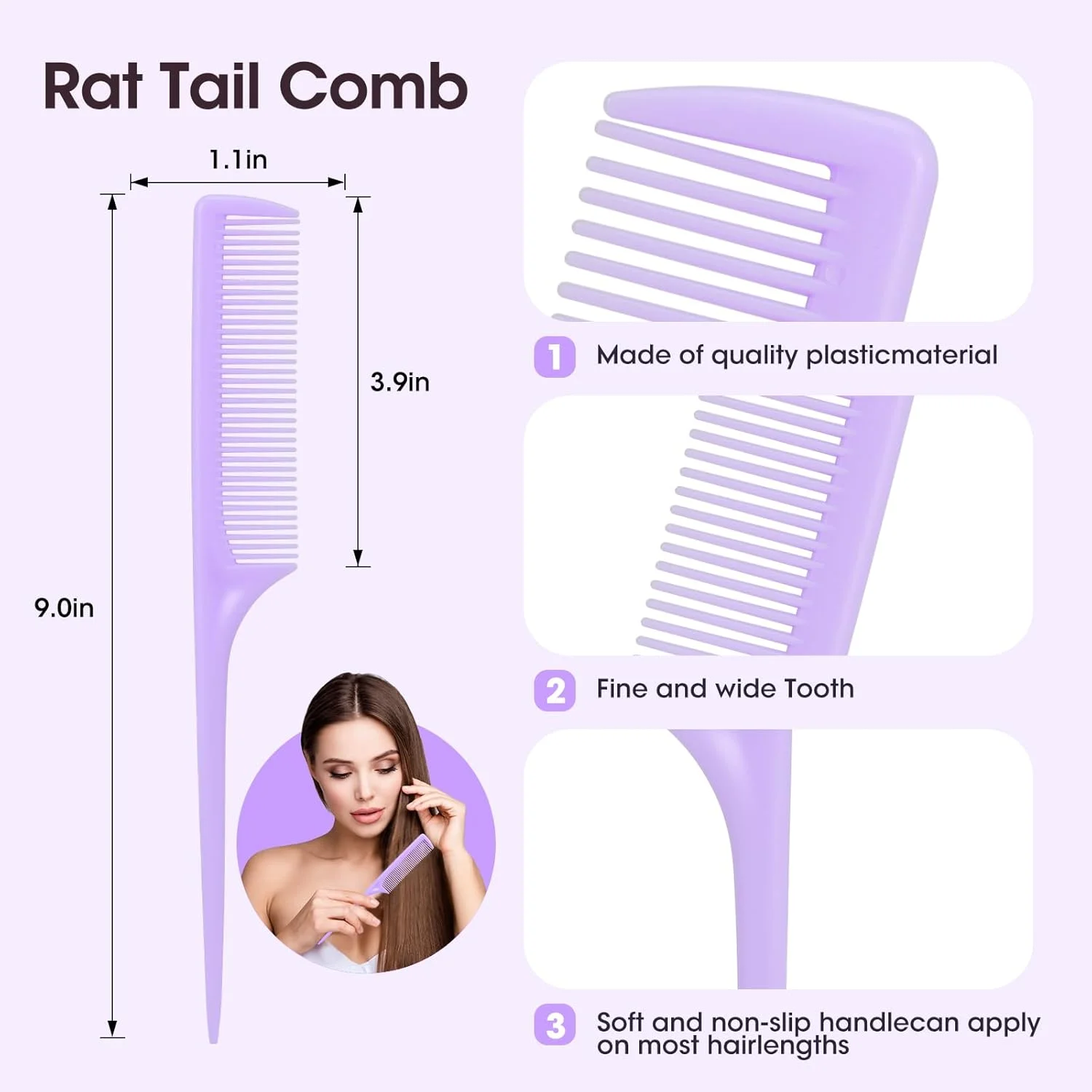 ست شانه دم موشی - 3 عدد شانه دم موشی دندانه ریز برای حالت دادن و جدا کردن موی زنانه و دخترانه (مشکی، صورتی، بنفش)