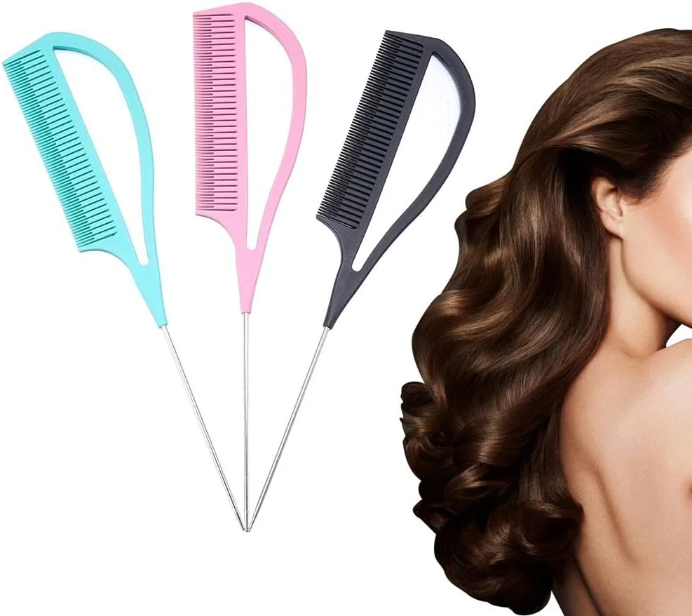 شانه‌های دم موشی برای آرایشگر مو، شانه‌های فلزی دقیق برای بافتن، لوازم جانبی جداکننده مو، شانه‌های دم سوزنی برای حالت دادن به مو در سالن (صورتی)