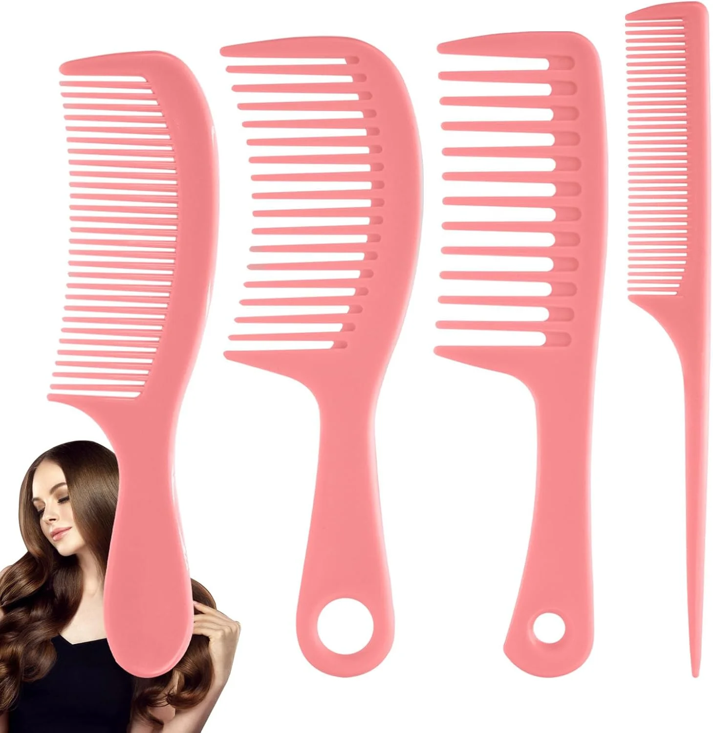 ریموو، ست 4 عددی شانه مو برای زنان و مردان، شانه های دندانه ریز و درشت ممتاز صورتی، شانه های حالت دهنده صاف و مقاوم در برابر حرارت برای حالت دادن، پوش دادن و جدا کردن موهای خیس، فر، ضخیم و نازک