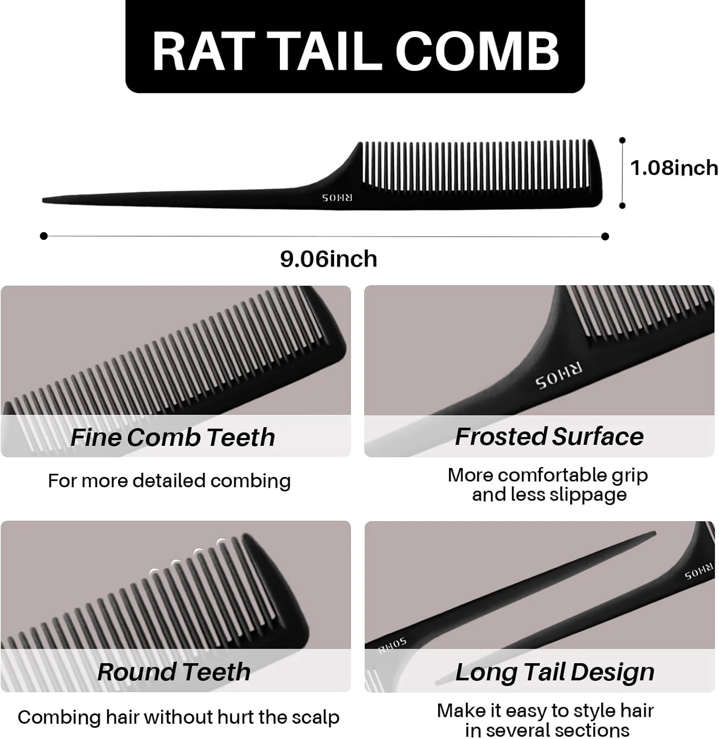 شانه دم موشی RHOS برای فرق باز کردن، شانه پوش دهنده دندانه ریز به همراه شانه نوک تیز برای بافت مو، شانه مو برای پوش دادن - ست 2 عددی شانه حالت دهنده مو برای زنان و مردان (مشکی)