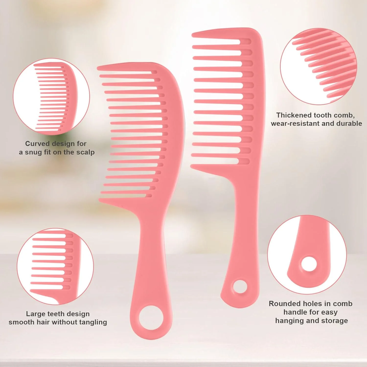 ریموو، ست 4 عددی شانه مو برای زنان و مردان، شانه های دندانه ریز و درشت ممتاز صورتی، شانه های حالت دهنده صاف و مقاوم در برابر حرارت برای حالت دادن، پوش دادن و جدا کردن موهای خیس، فر، ضخیم و نازک